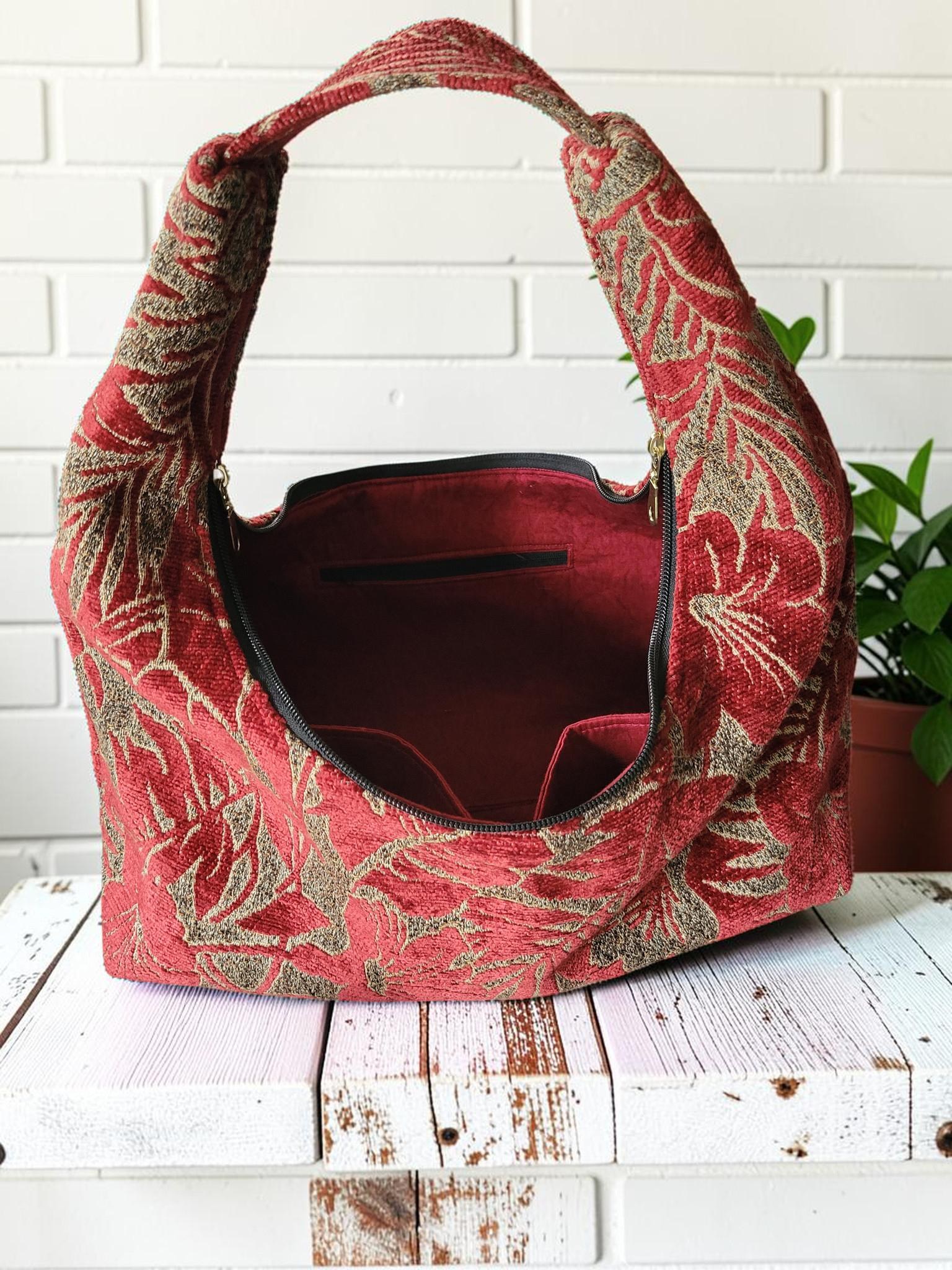 Red Chenille Hobo Bag, Bronze Floral Upholstery Fabric Shoulder Bag, Handmade Slouchy Statement Handbag, view 4