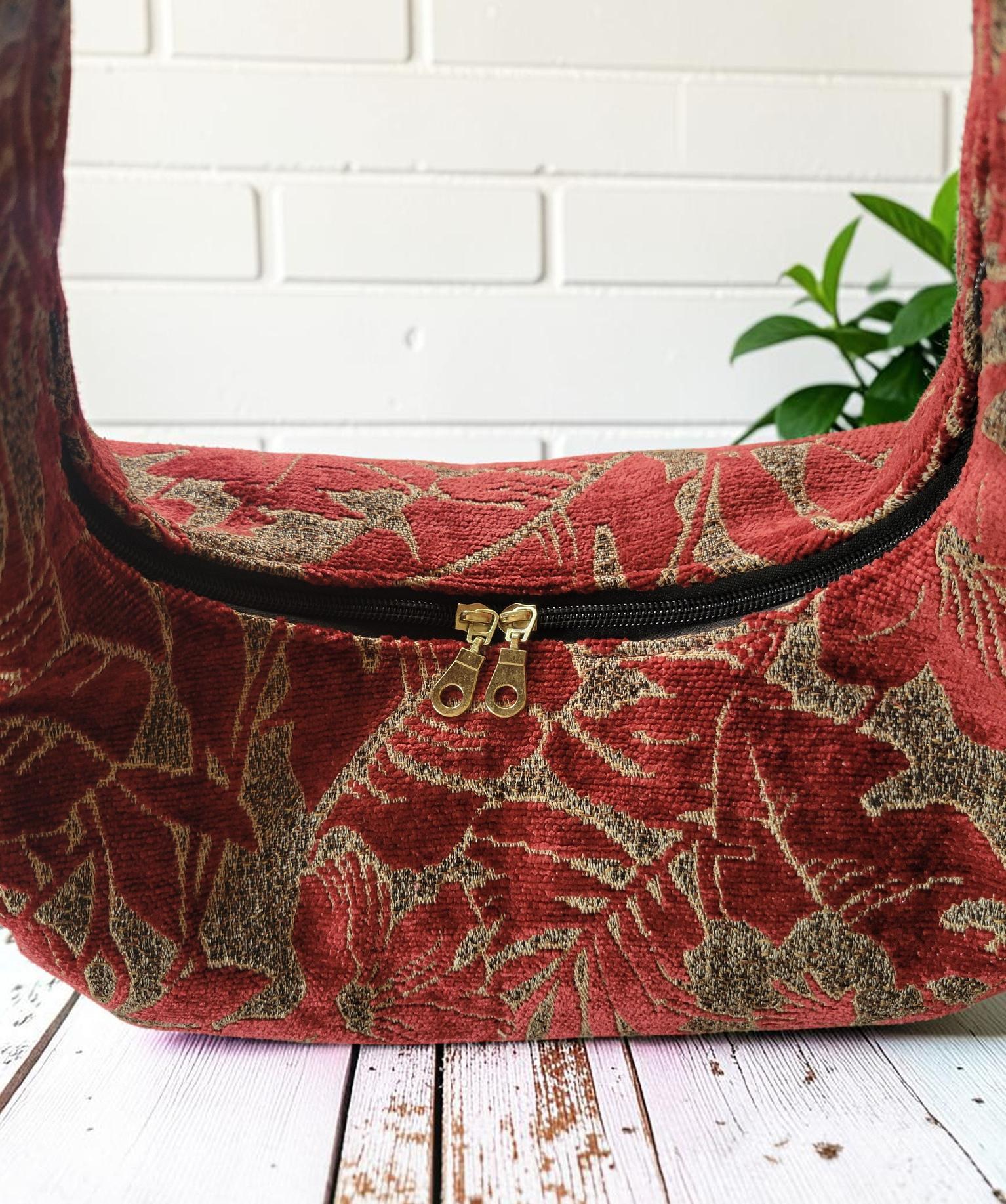 Red Chenille Hobo Bag, Bronze Floral Upholstery Fabric Shoulder Bag, Handmade Slouchy Statement Handbag, view 5