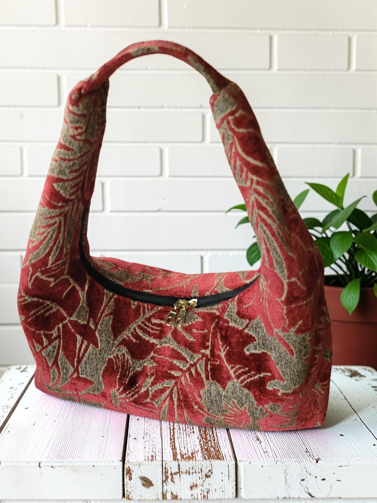 Red Chenille Hobo Bag, Bronze Floral Upholstery Fabric Shoulder Bag, Handmade Slouchy Statement Handbag, view 6