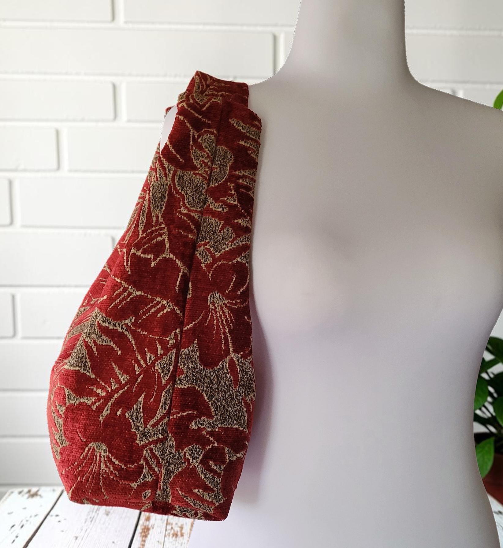 Red Chenille Hobo Bag, Bronze Floral Upholstery Fabric Shoulder Bag, Handmade Slouchy Statement Handbag, view 7