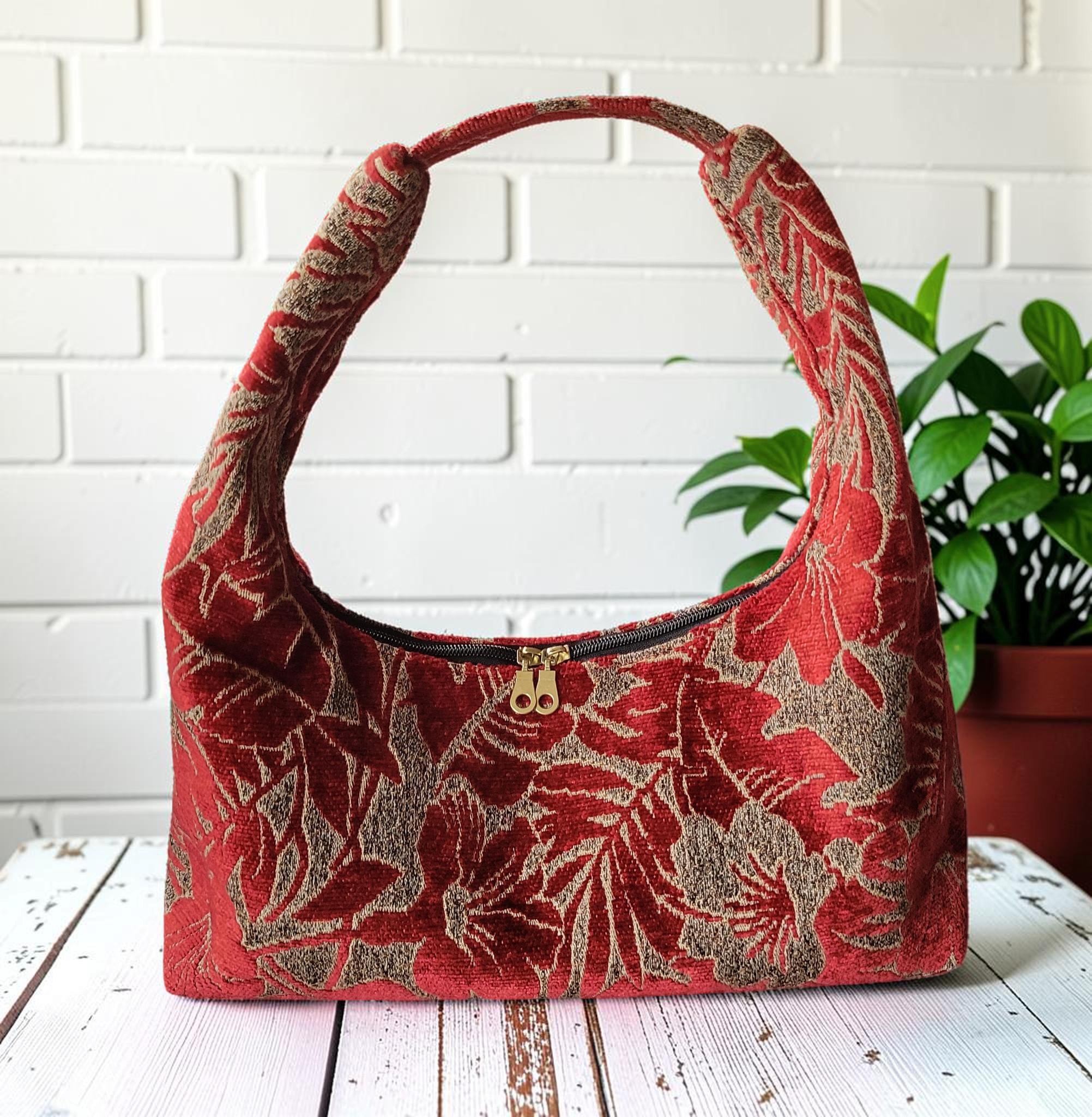 Red Chenille Hobo Bag, Bronze Floral Upholstery Fabric Shoulder Bag, Handmade Slouchy Statement Handbag, view 8