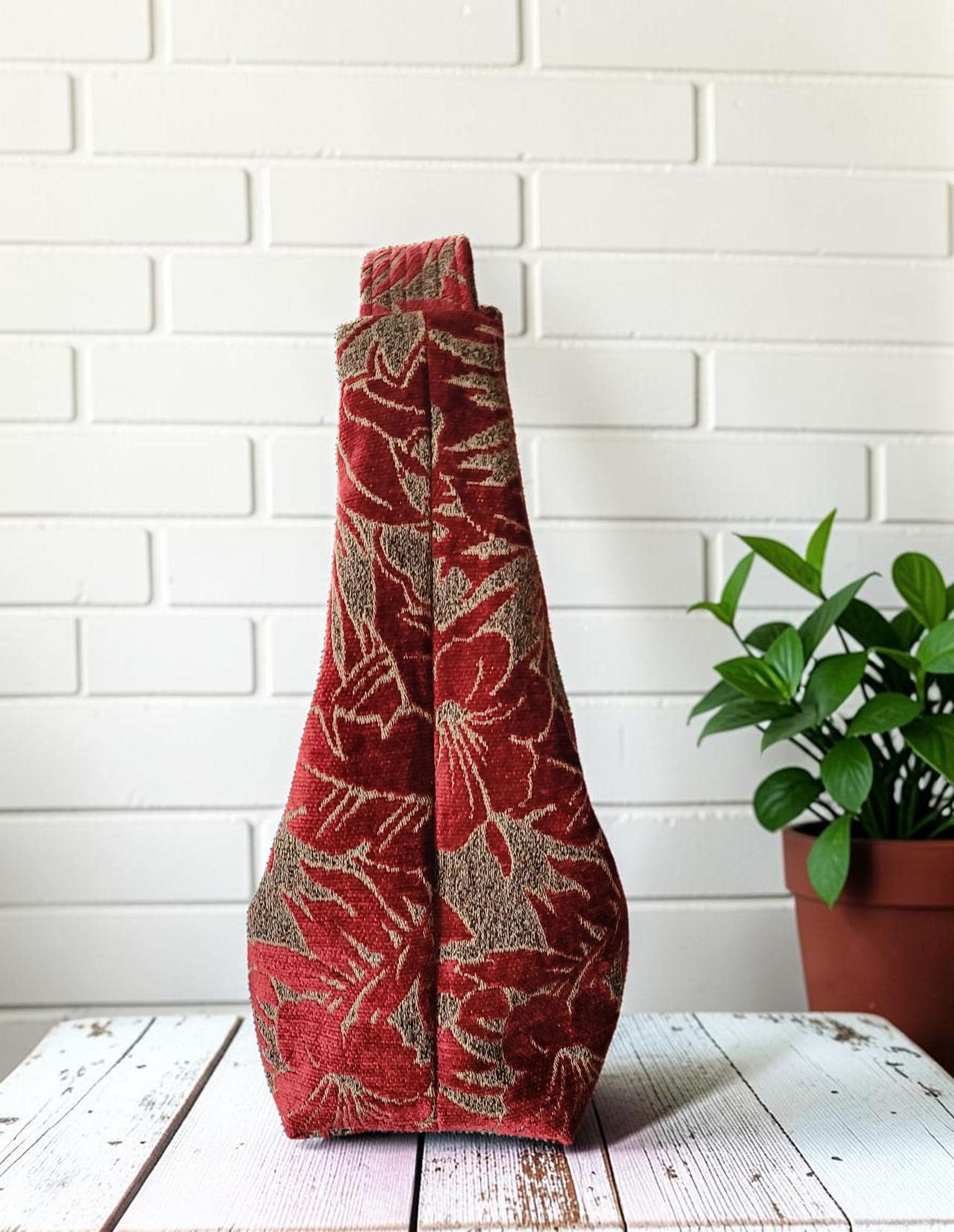 Red Chenille Hobo Bag, Bronze Floral Upholstery Fabric Shoulder Bag, Handmade Slouchy Statement Handbag, view 9