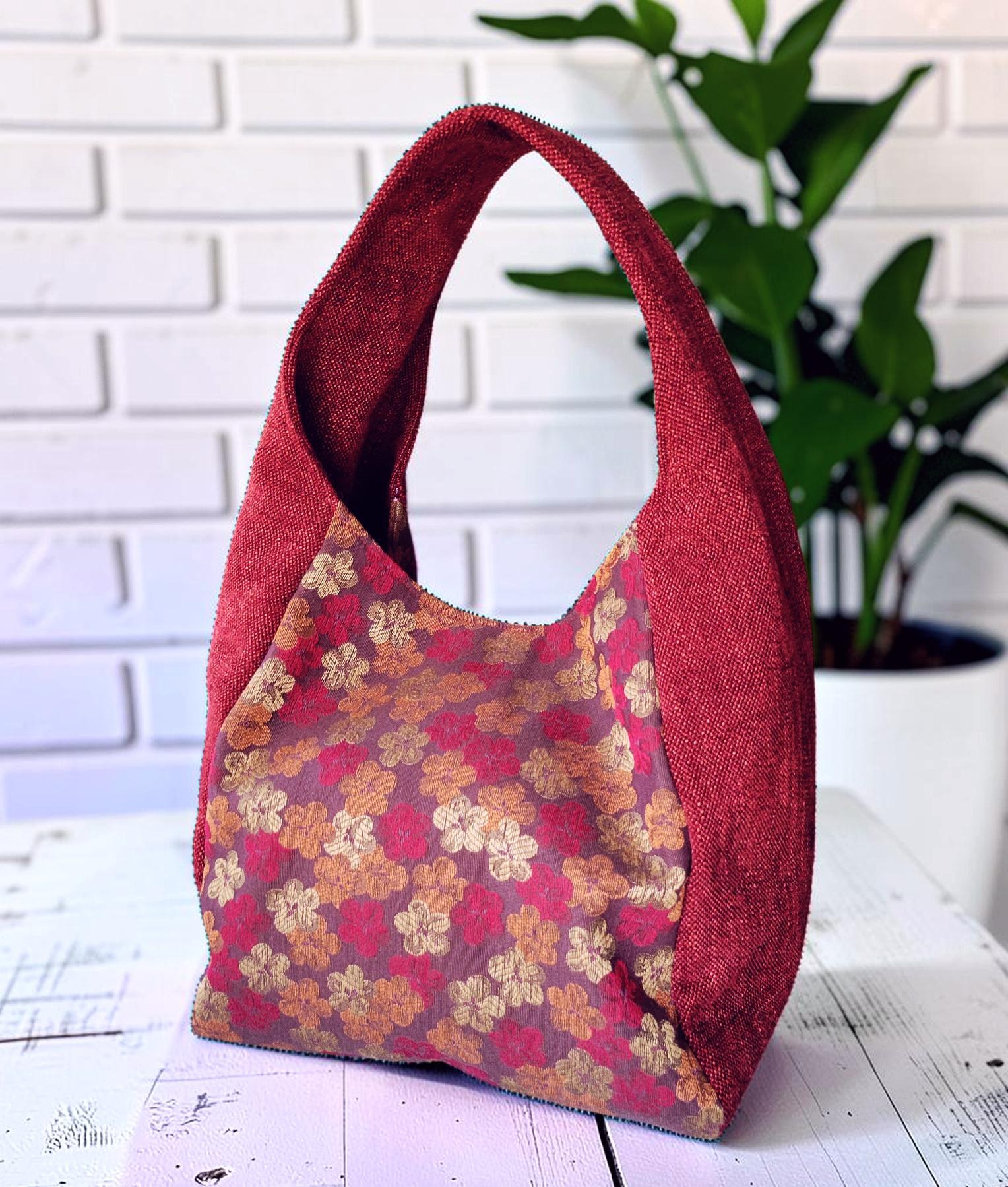 Red Upholstery Fabric Hobo Shoulder Bag, Floral Tapestry Tote Bag, Slouchy Handbag