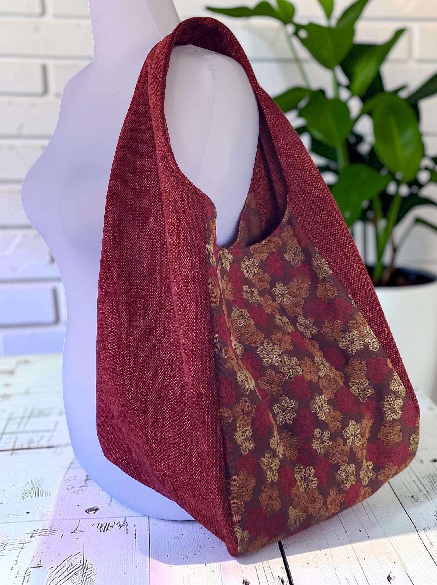Red Upholstery Fabric Hobo Shoulder Bag, Floral Tapestry Tote Bag, Slouchy Handbag, view 10