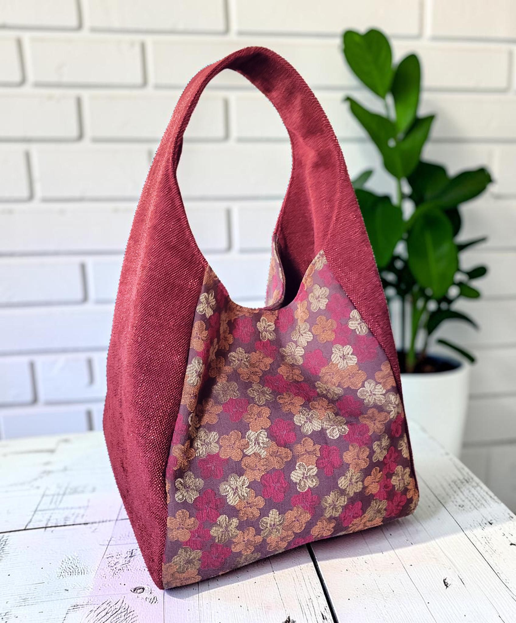 Red Upholstery Fabric Hobo Shoulder Bag, Floral Tapestry Tote Bag, Slouchy Handbag, view 12