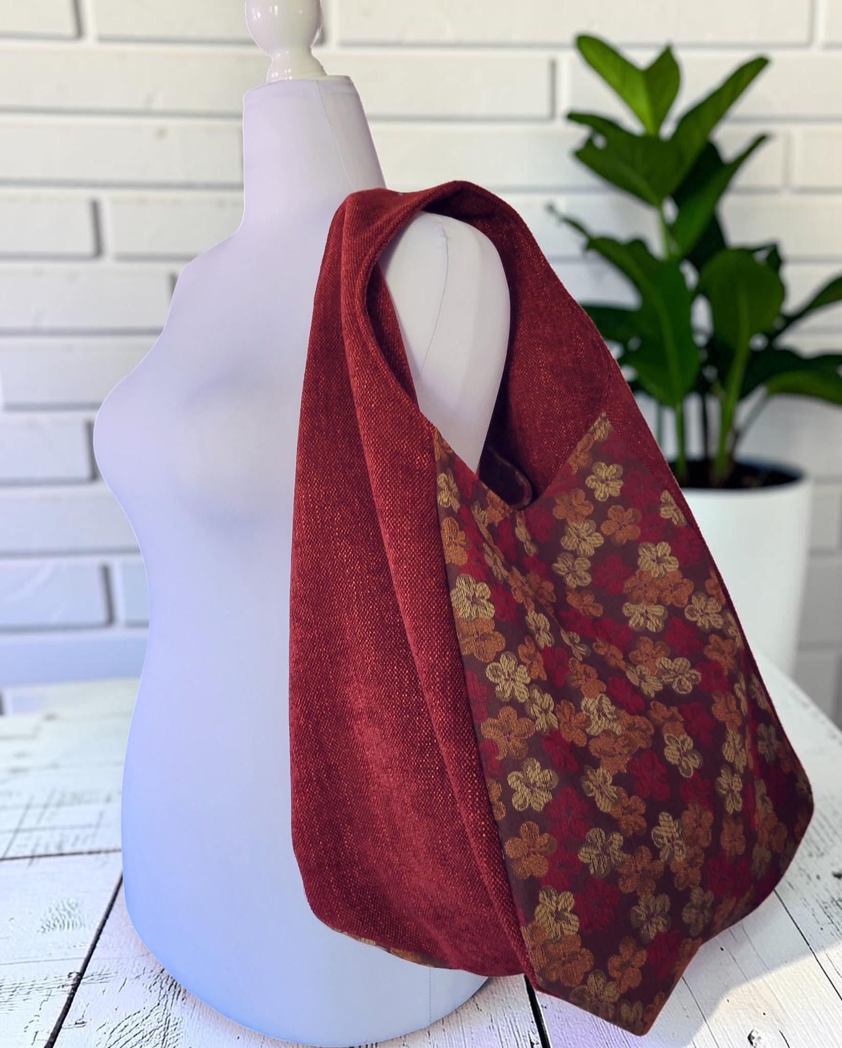 Red Upholstery Fabric Hobo Shoulder Bag, Floral Tapestry Tote Bag, Slouchy Handbag, view 13
