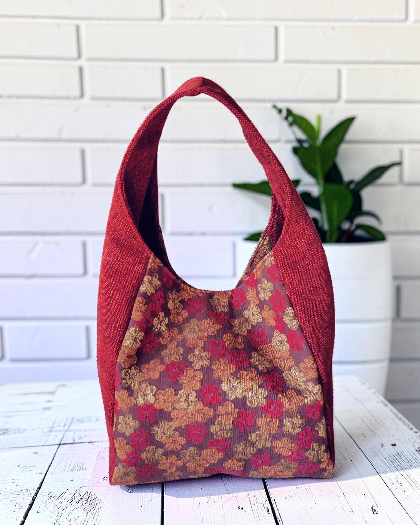 Red Upholstery Fabric Hobo Shoulder Bag, Floral Tapestry Tote Bag, Slouchy Handbag, view 16