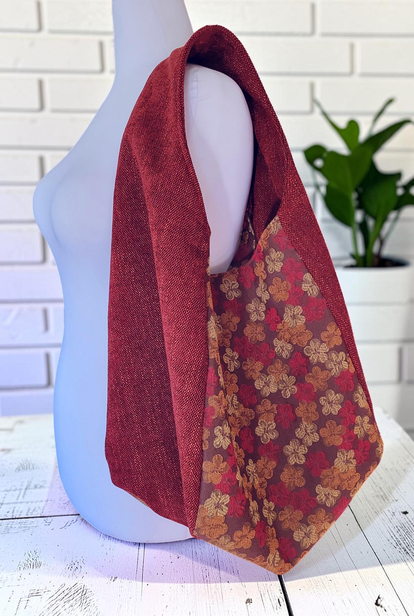 Red Upholstery Fabric Hobo Shoulder Bag, Floral Tapestry Tote Bag, Slouchy Handbag, view 18