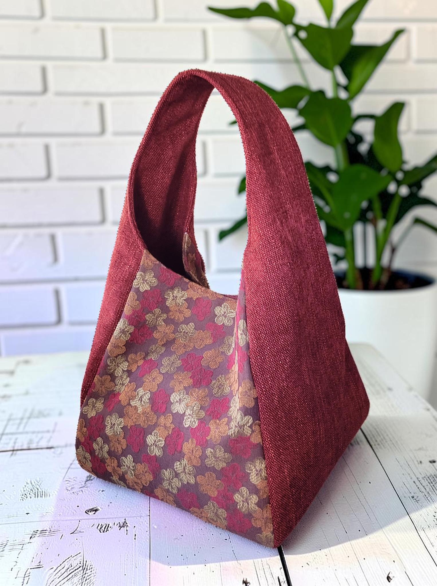Red Upholstery Fabric Hobo Shoulder Bag, Floral Tapestry Tote Bag, Slouchy Handbag, view 2