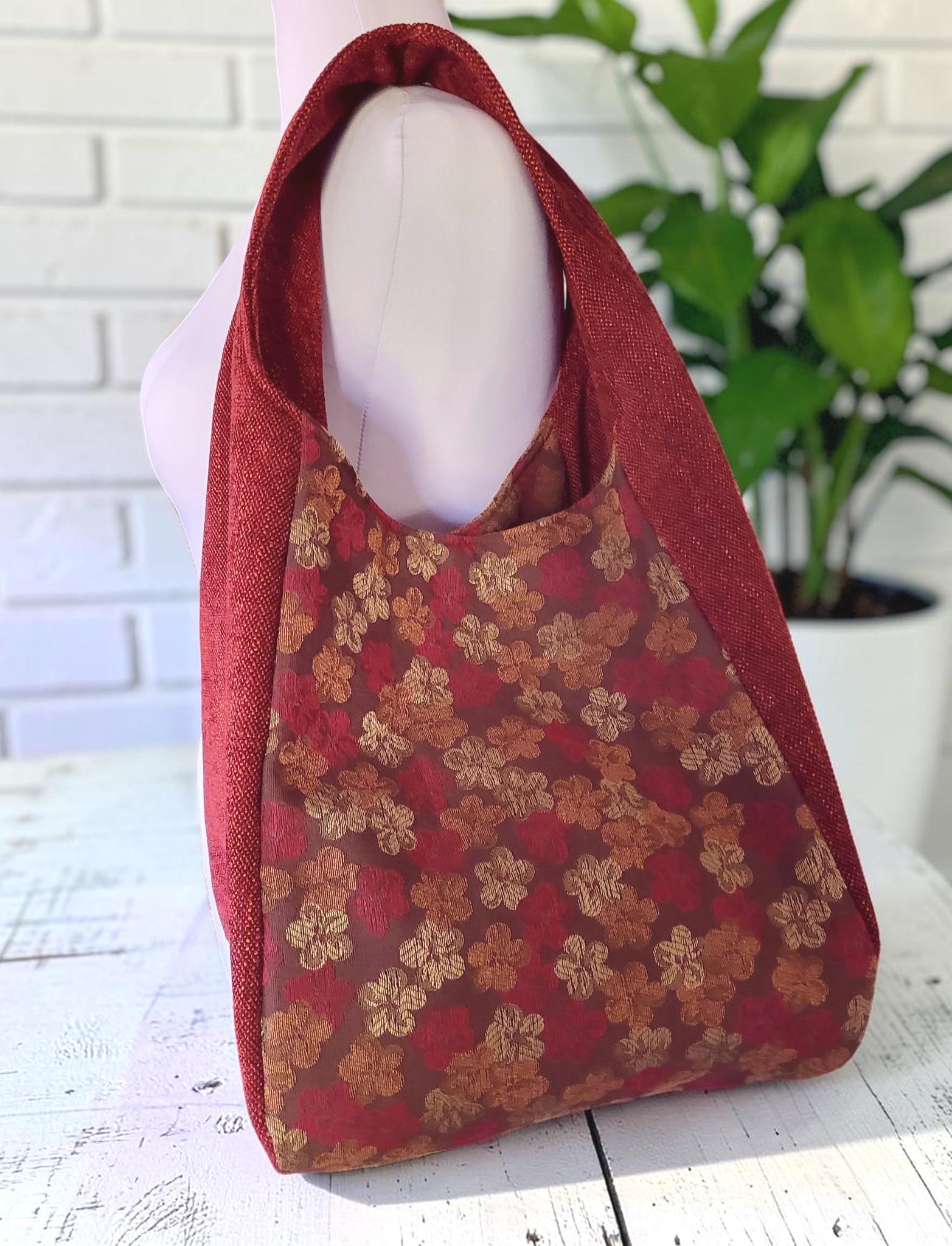 Red Upholstery Fabric Hobo Shoulder Bag, Floral Tapestry Tote Bag, Slouchy Handbag, view 3