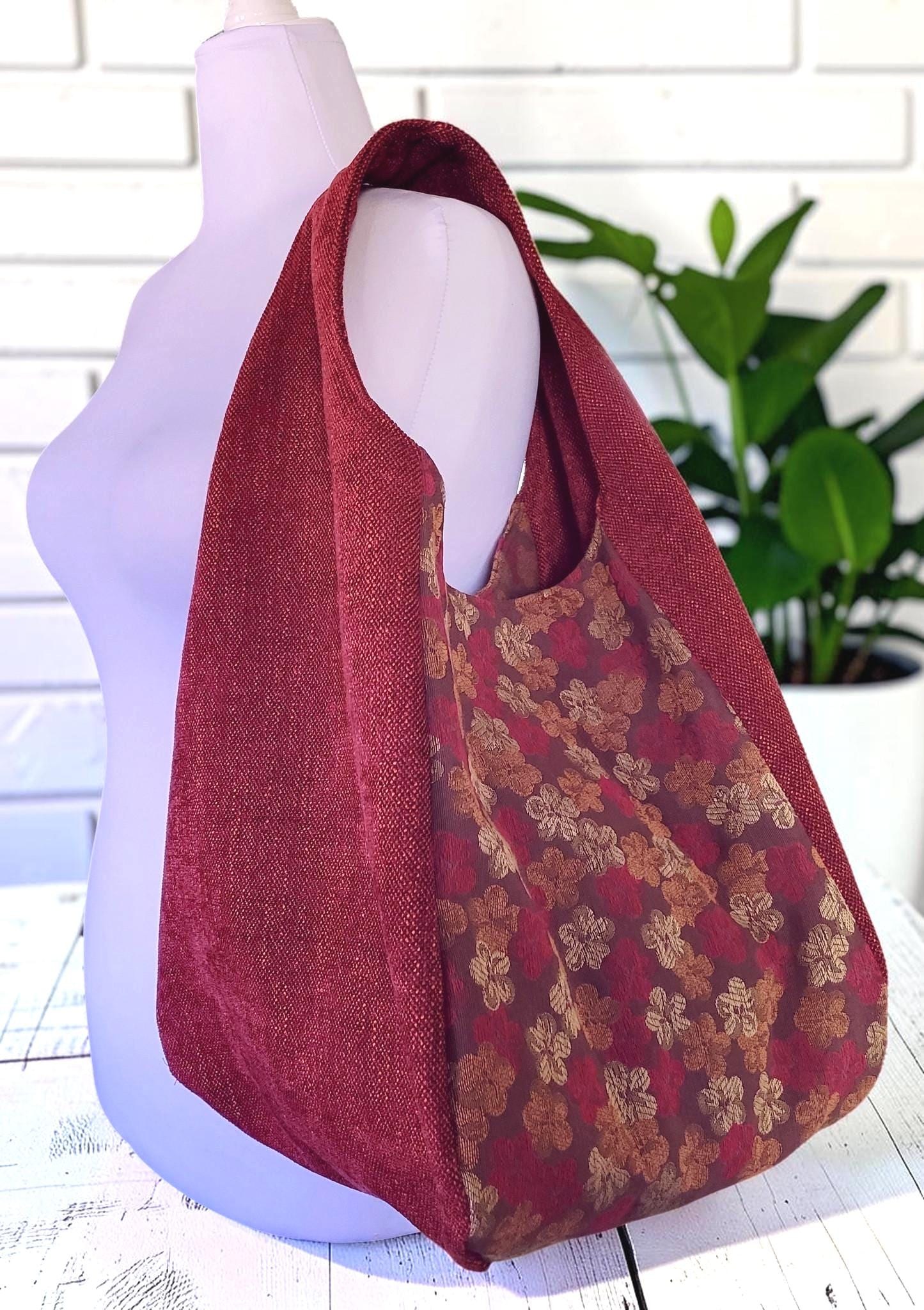 Red Upholstery Fabric Hobo Shoulder Bag, Floral Tapestry Tote Bag, Slouchy Handbag, view 8
