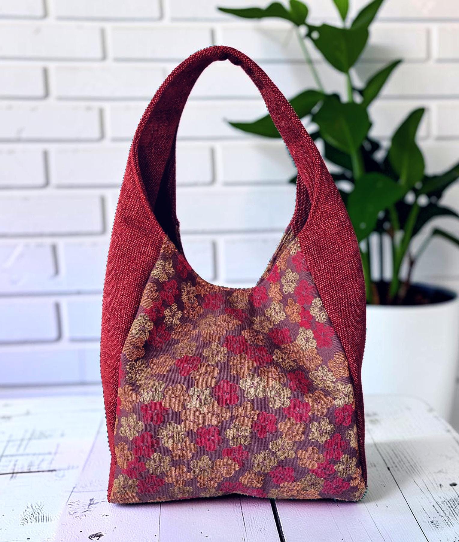 Red Upholstery Fabric Hobo Shoulder Bag, Floral Tapestry Tote Bag, Slouchy Handbag, view 9