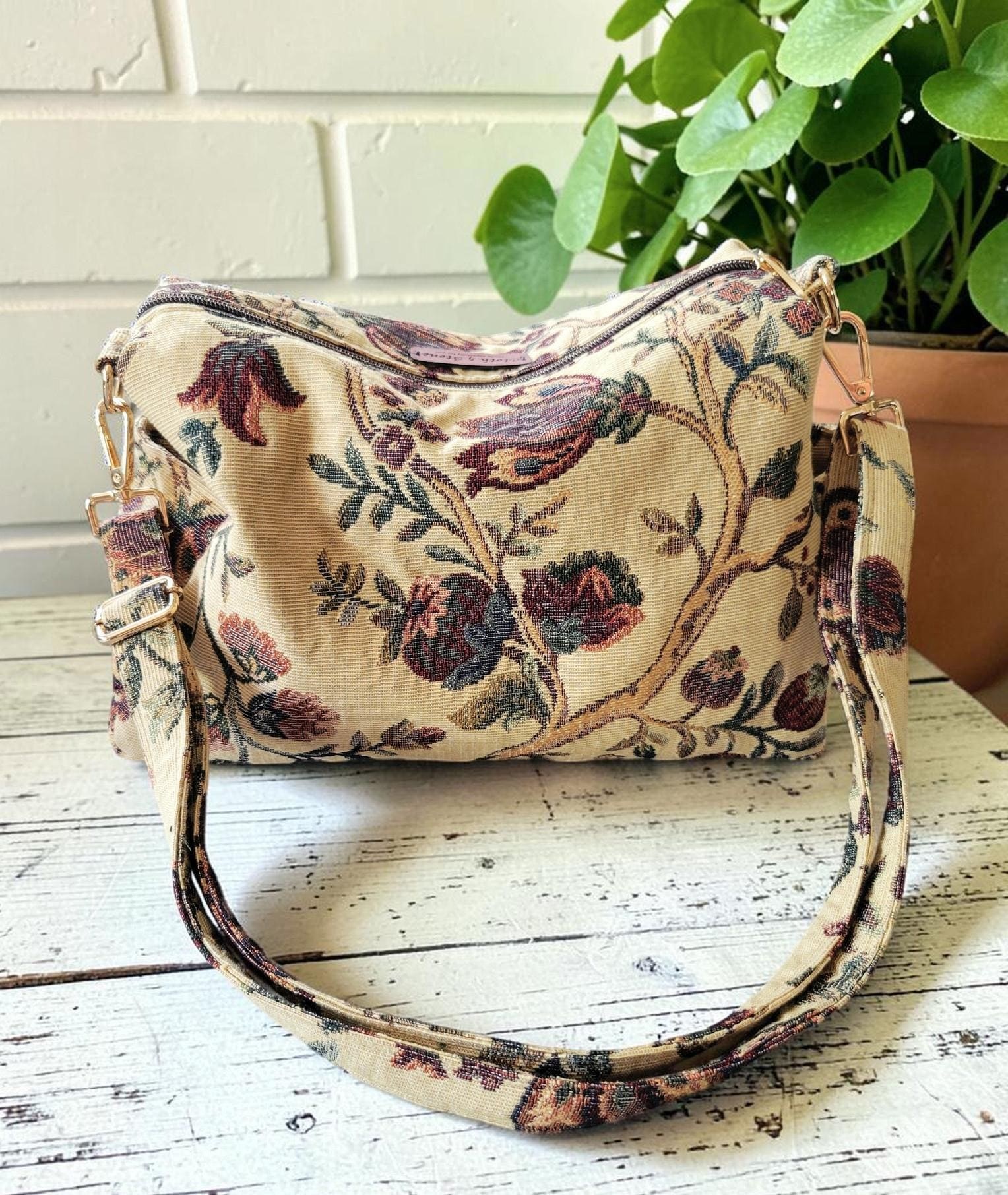 Vintage Floral Tapestry Handbag, Jacobean Jacquard Crossbody Purse, Slouchy Double Pocket Shoulder Bag