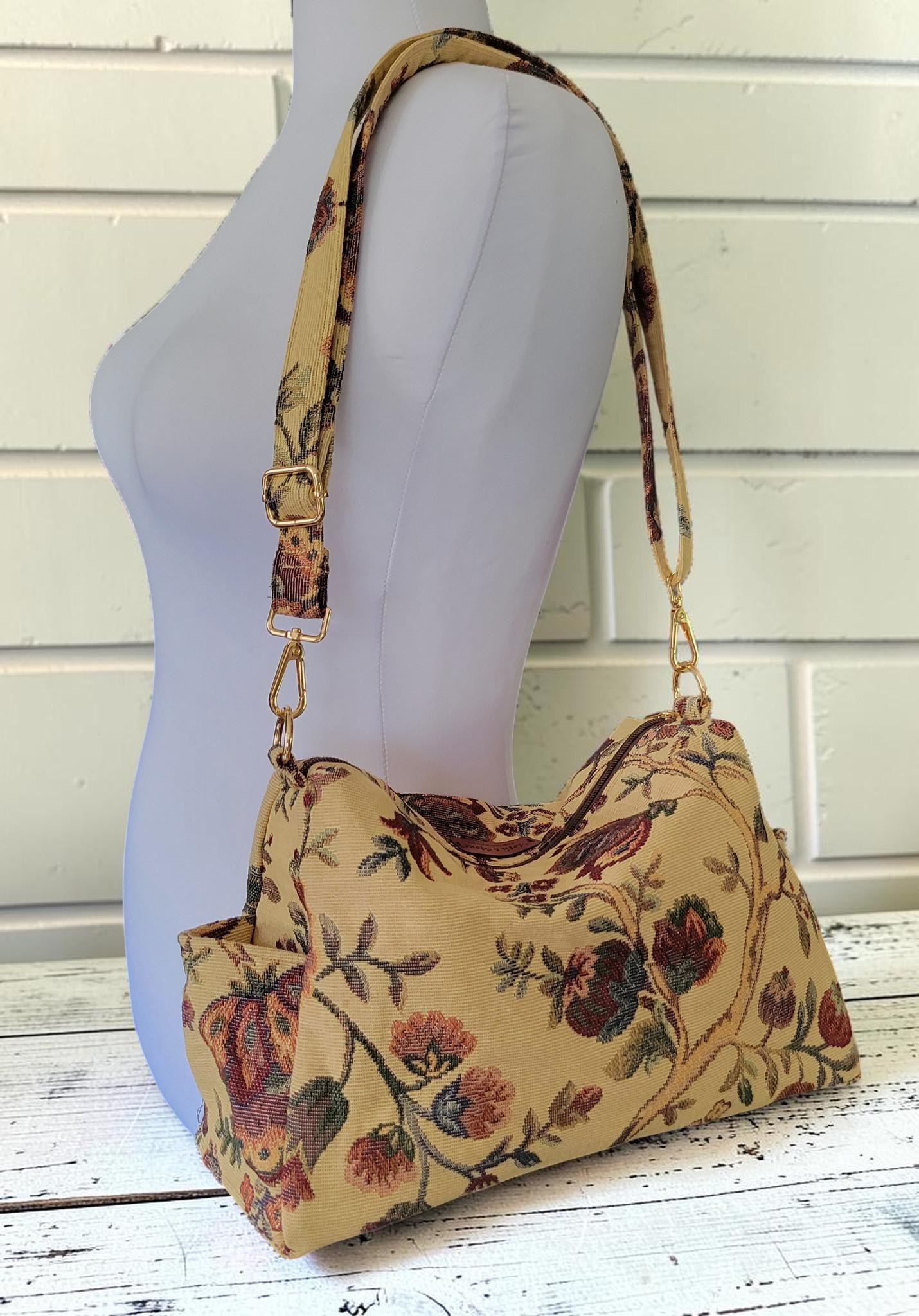 Vintage Floral Tapestry Handbag, Jacobean Jacquard Crossbody Purse, Slouchy Double Pocket Shoulder Bag, view 10