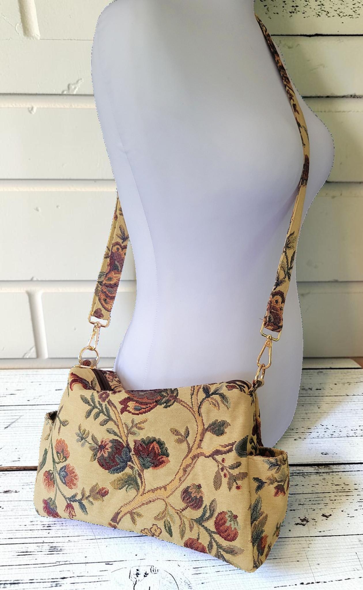 Vintage Floral Tapestry Handbag, Jacobean Jacquard Crossbody Purse, Slouchy Double Pocket Shoulder Bag, view 11