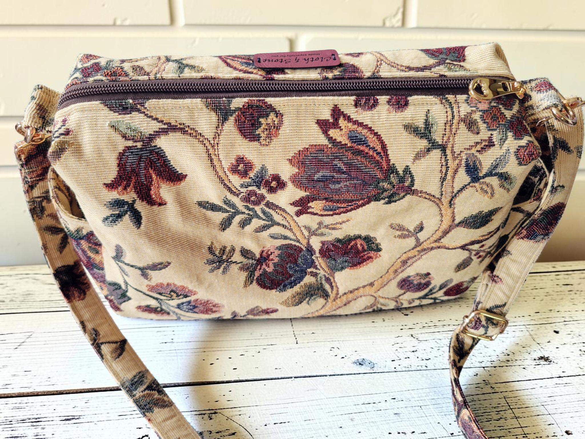 Vintage Floral Tapestry Handbag, Jacobean Jacquard Crossbody Purse, Slouchy Double Pocket Shoulder Bag, view 12