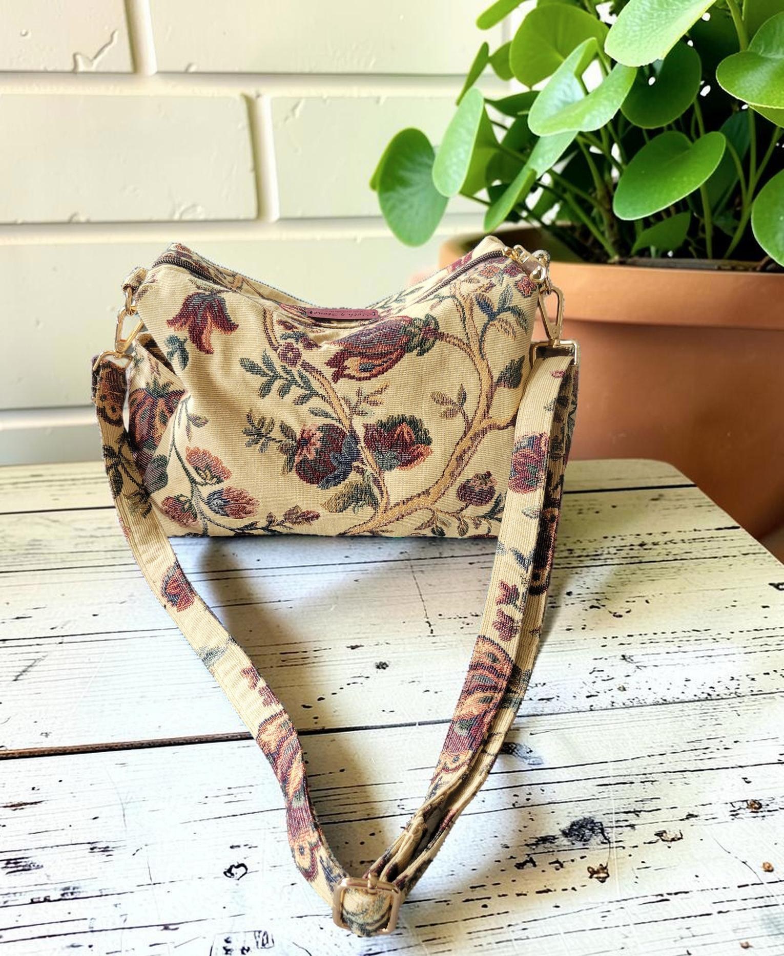 Vintage Floral Tapestry Handbag, Jacobean Jacquard Crossbody Purse, Slouchy Double Pocket Shoulder Bag, view 13