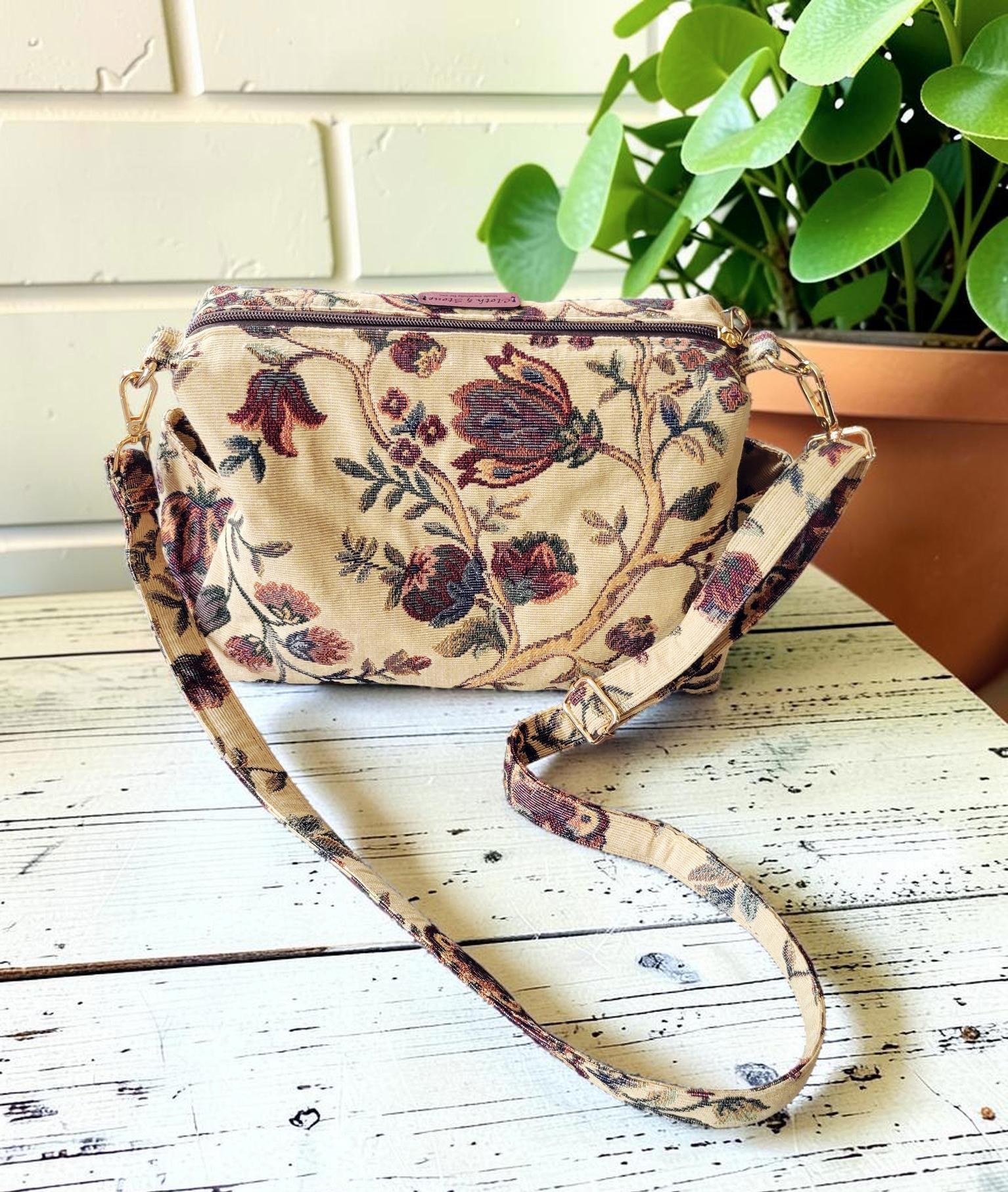 Vintage Floral Tapestry Handbag, Jacobean Jacquard Crossbody Purse, Slouchy Double Pocket Shoulder Bag, view 2