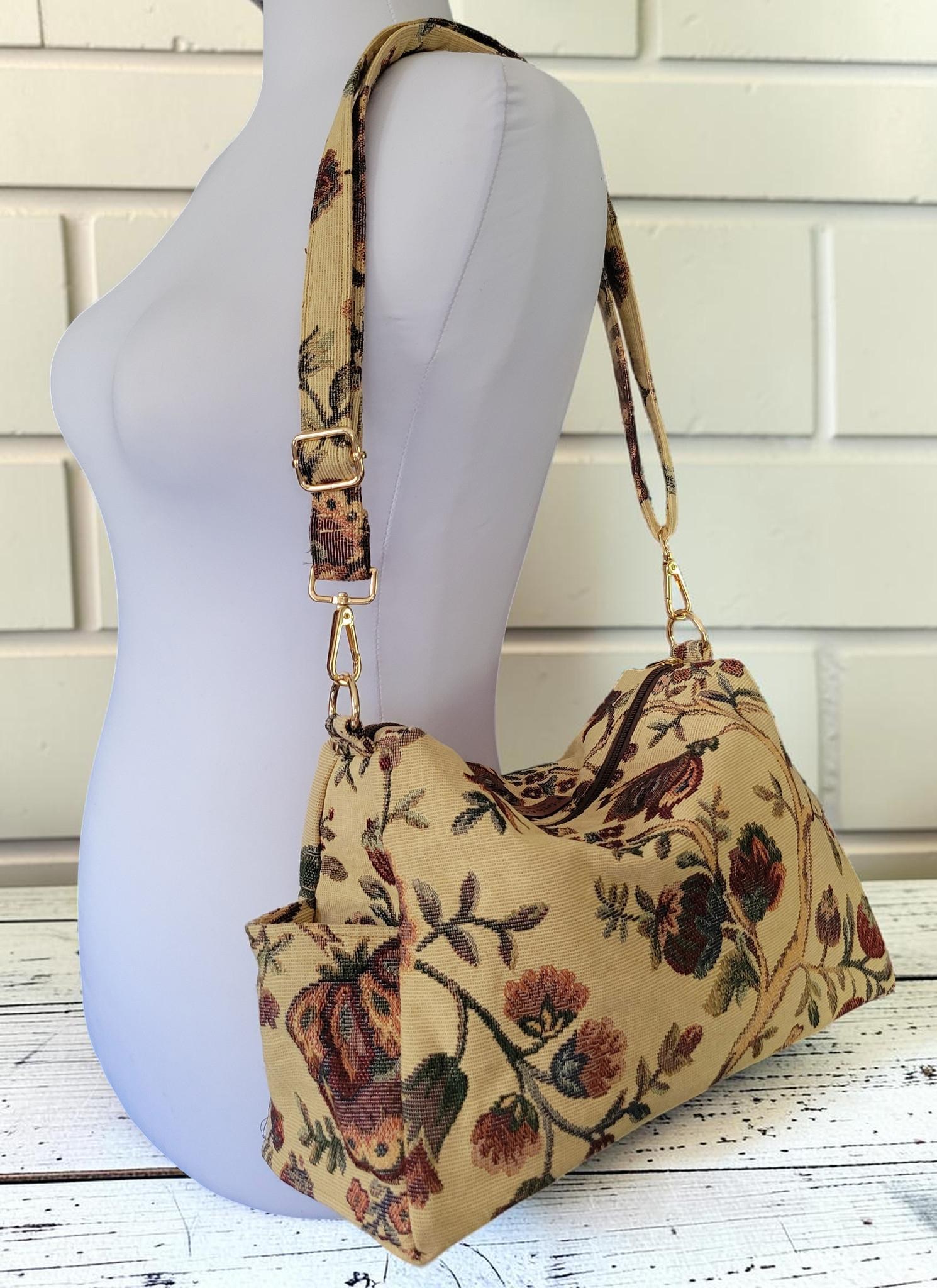 Vintage Floral Tapestry Handbag, Jacobean Jacquard Crossbody Purse, Slouchy Double Pocket Shoulder Bag, view 3