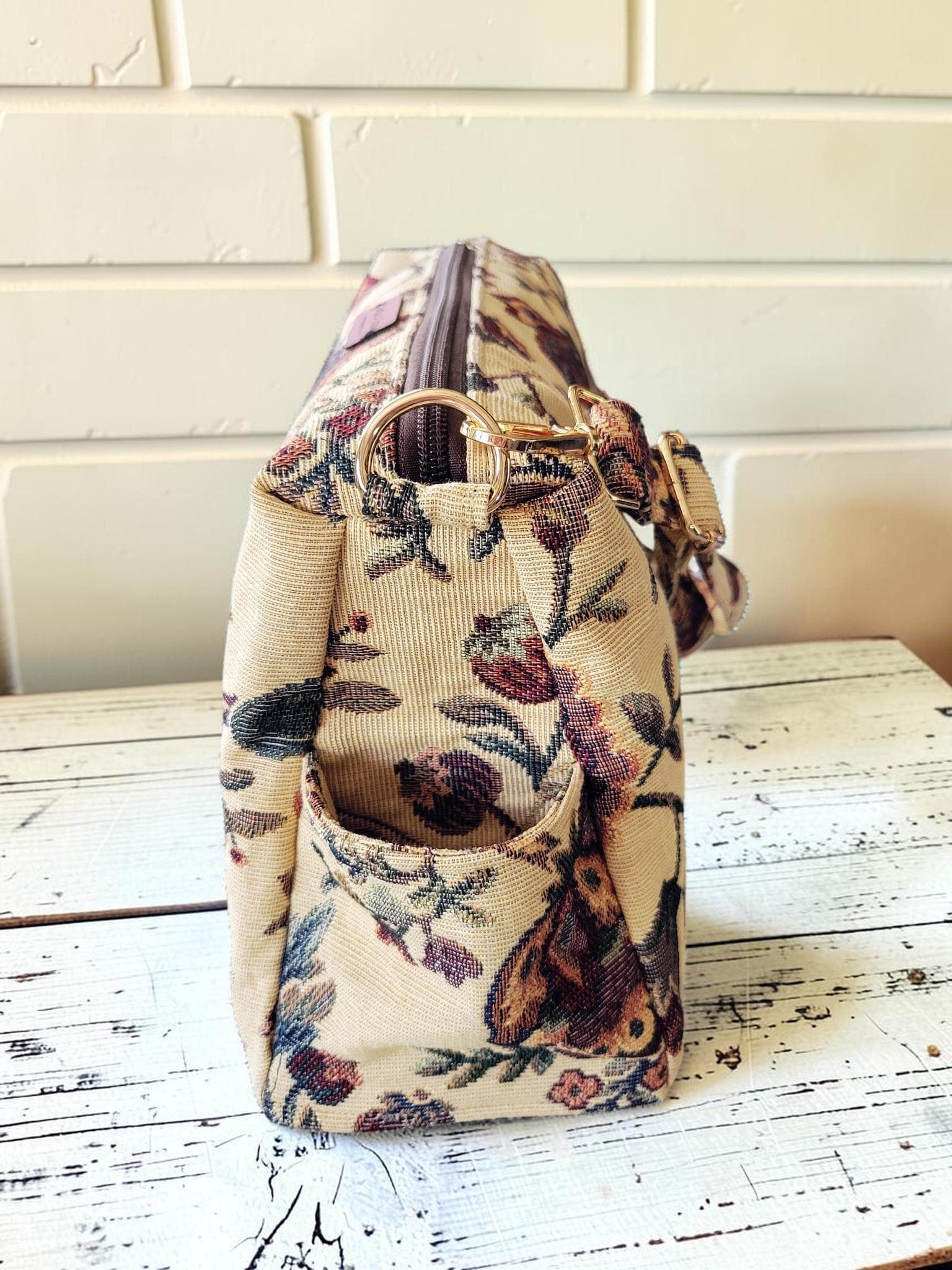 Vintage Floral Tapestry Handbag, Jacobean Jacquard Crossbody Purse, Slouchy Double Pocket Shoulder Bag, view 4