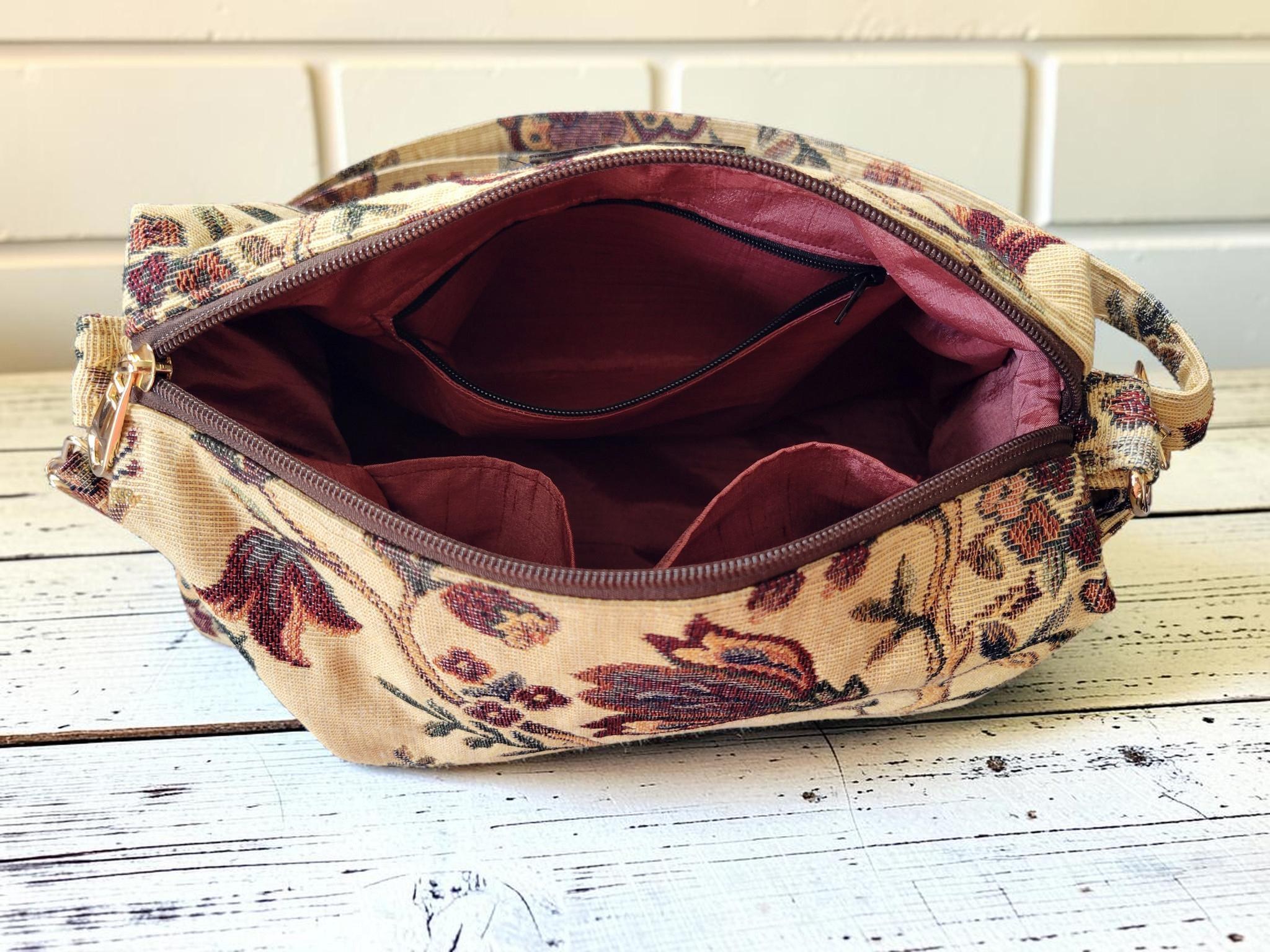 Vintage Floral Tapestry Handbag, Jacobean Jacquard Crossbody Purse, Slouchy Double Pocket Shoulder Bag, view 5