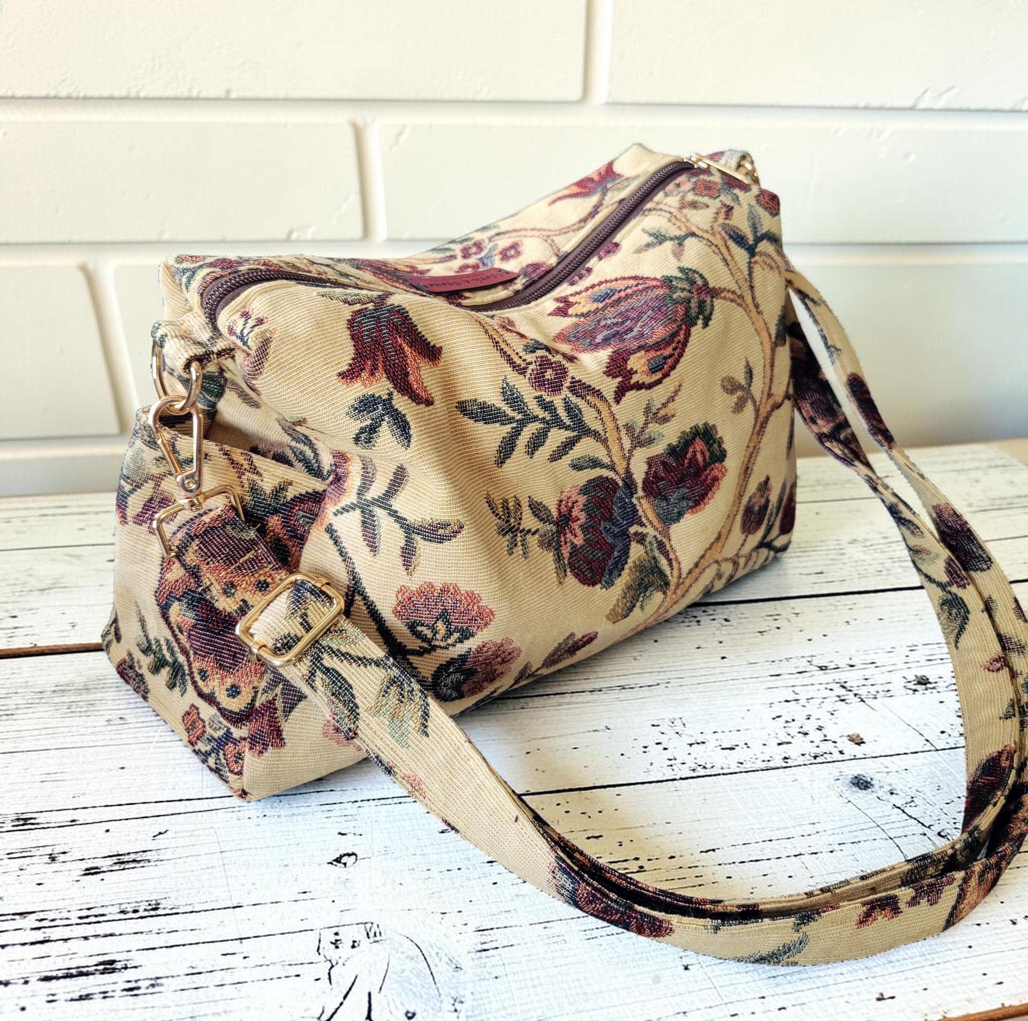 Vintage Floral Tapestry Handbag, Jacobean Jacquard Crossbody Purse, Slouchy Double Pocket Shoulder Bag, view 7