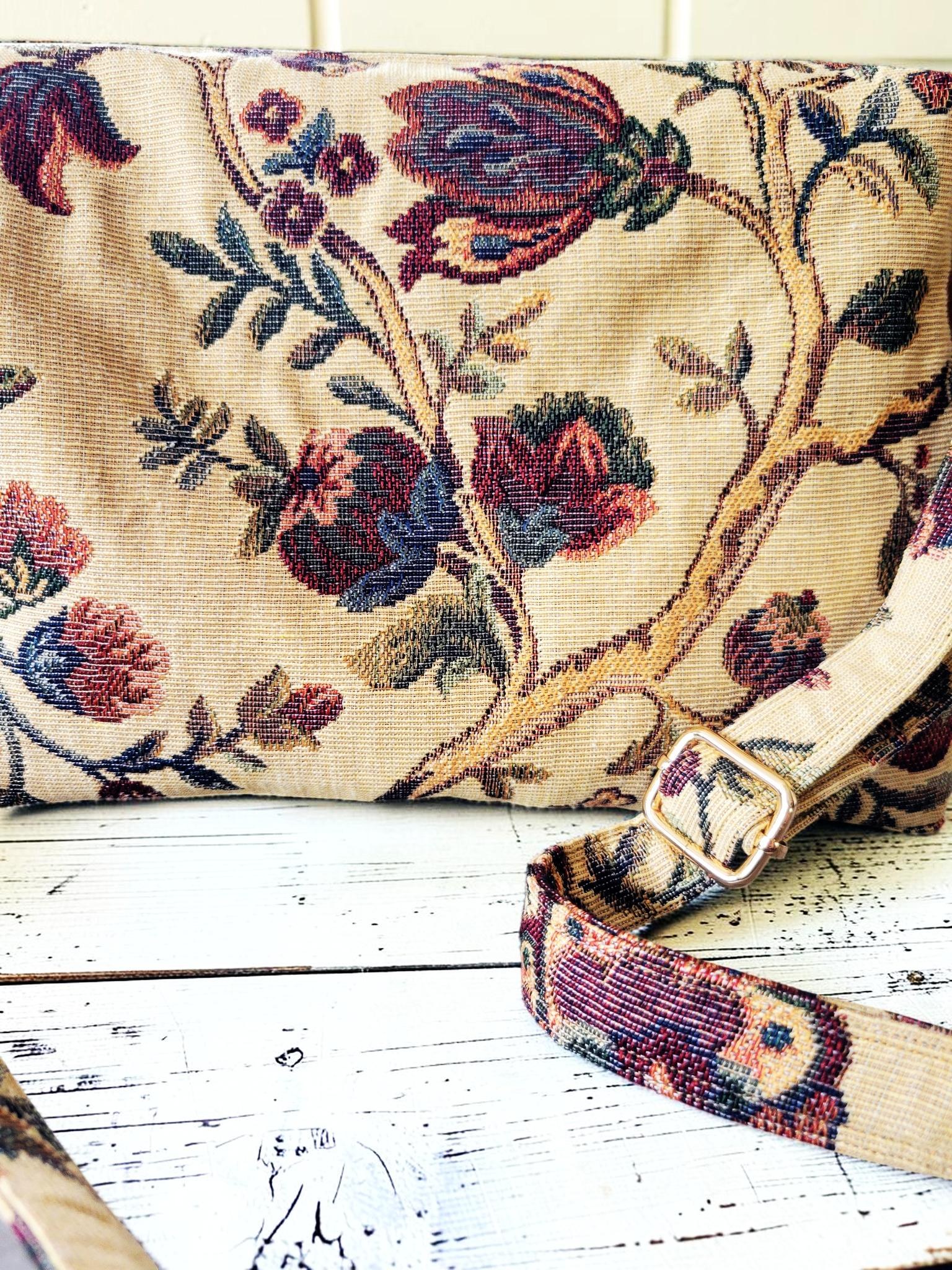 Vintage Floral Tapestry Handbag, Jacobean Jacquard Crossbody Purse, Slouchy Double Pocket Shoulder Bag, view 8