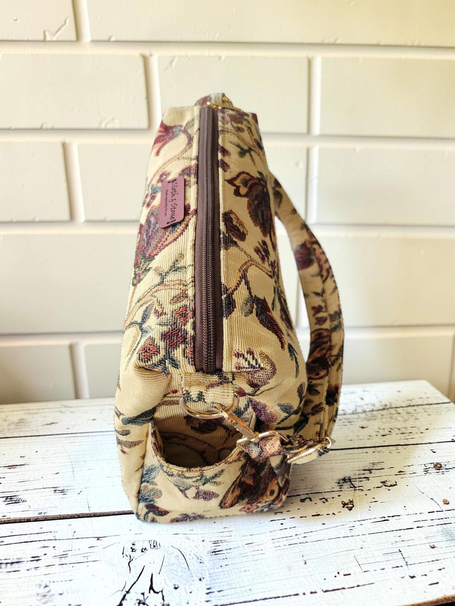 Vintage Floral Tapestry Handbag, Jacobean Jacquard Crossbody Purse, Slouchy Double Pocket Shoulder Bag, view 9