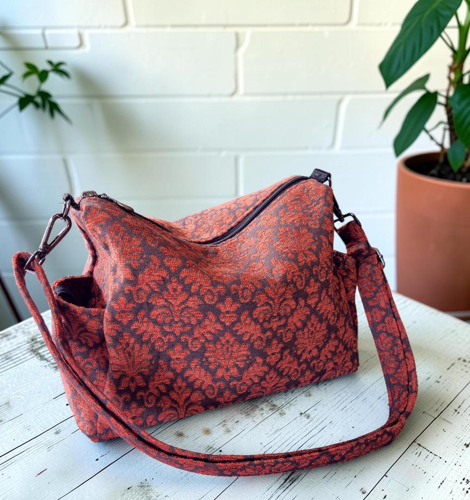 Vintage-Inspired Florentine Damask Crossbody Bag, Woven Jacquard Hobo Purse, Slouchy Double Pocket Shoulder Bag