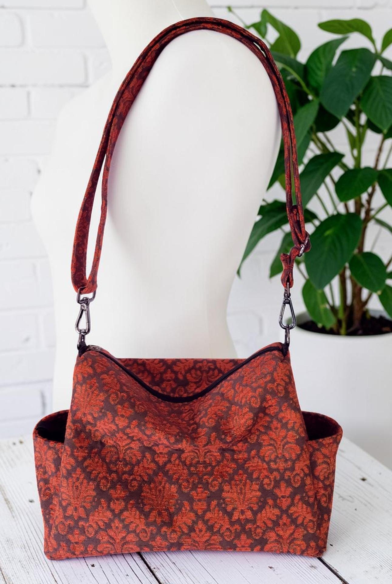 Vintage-Inspired Florentine Damask Crossbody Bag, Woven Jacquard Hobo Purse, Slouchy Double Pocket Shoulder Bag, view 12
