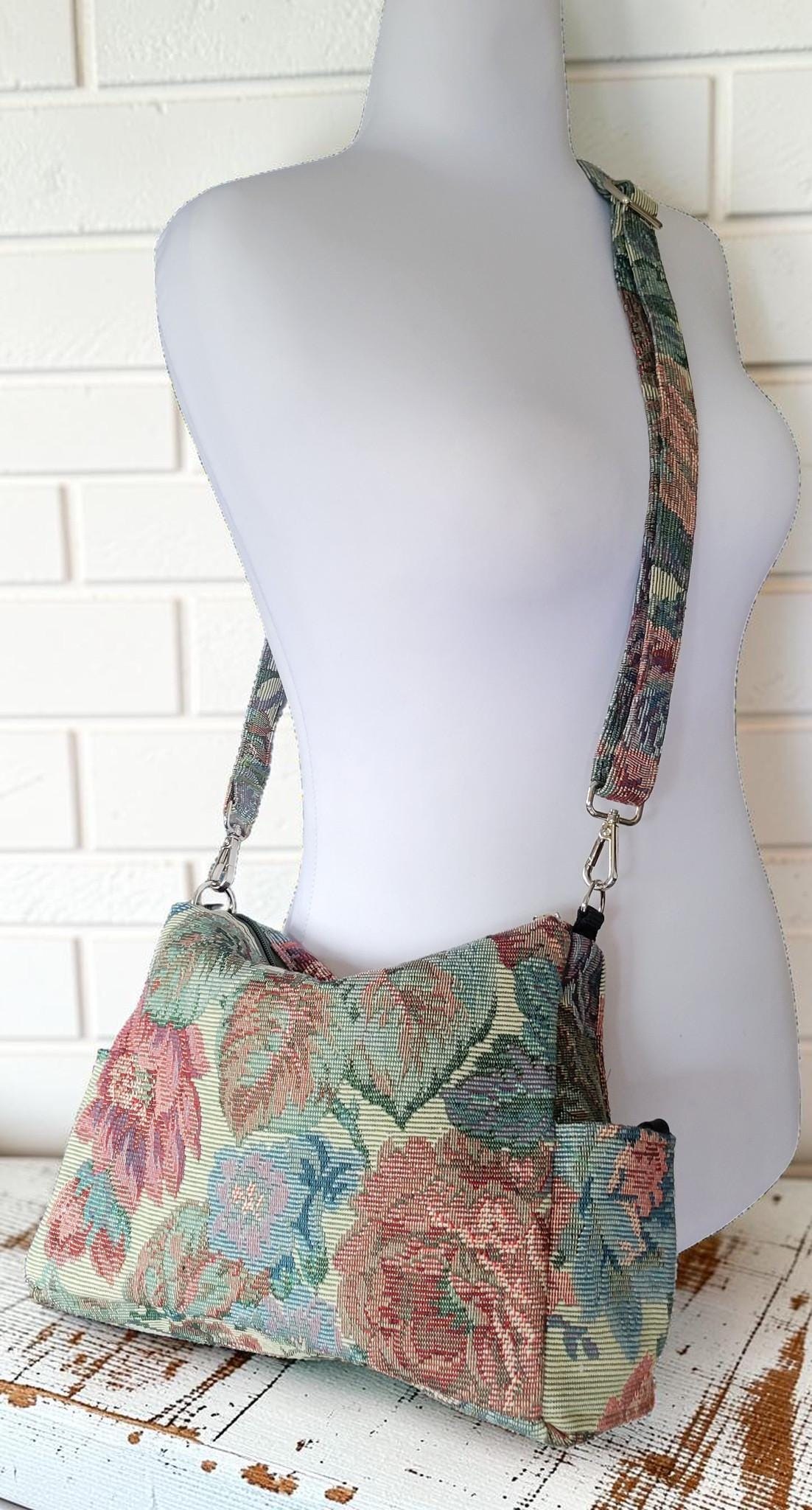 Vintage Floral Tapestry Handbag, Jacquard Crossbody Purse, Slouchy Double Pocket Shoulder Bag, view 10