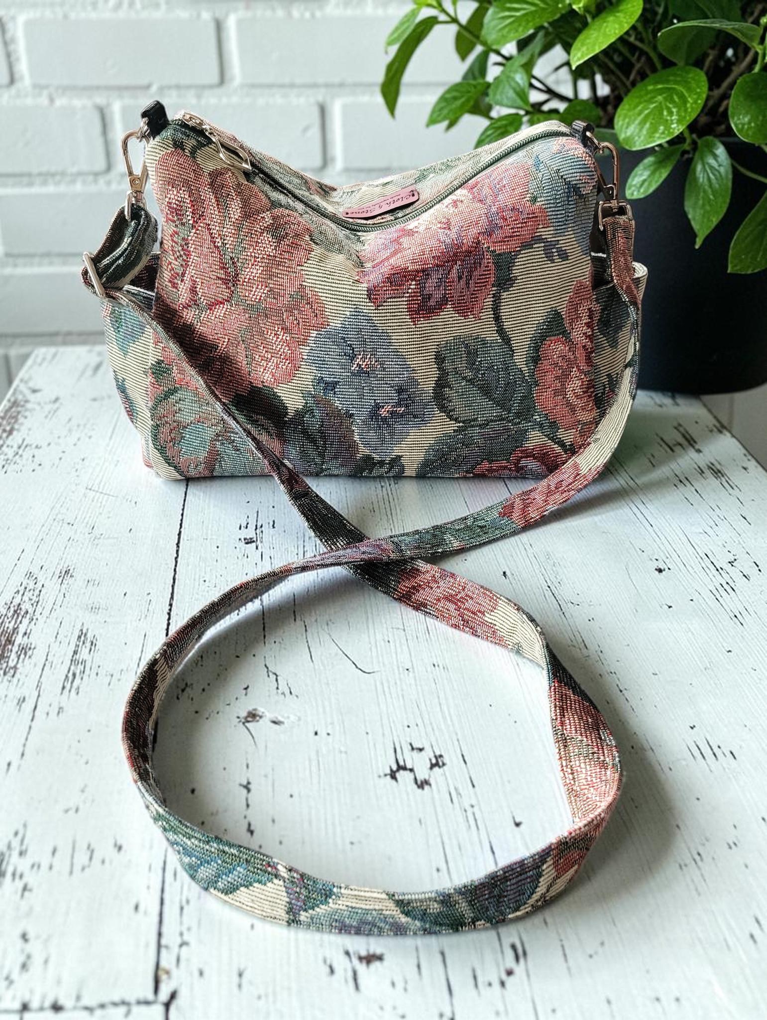 Vintage Floral Tapestry Handbag, Jacquard Crossbody Purse, Slouchy Double Pocket Shoulder Bag, view 11