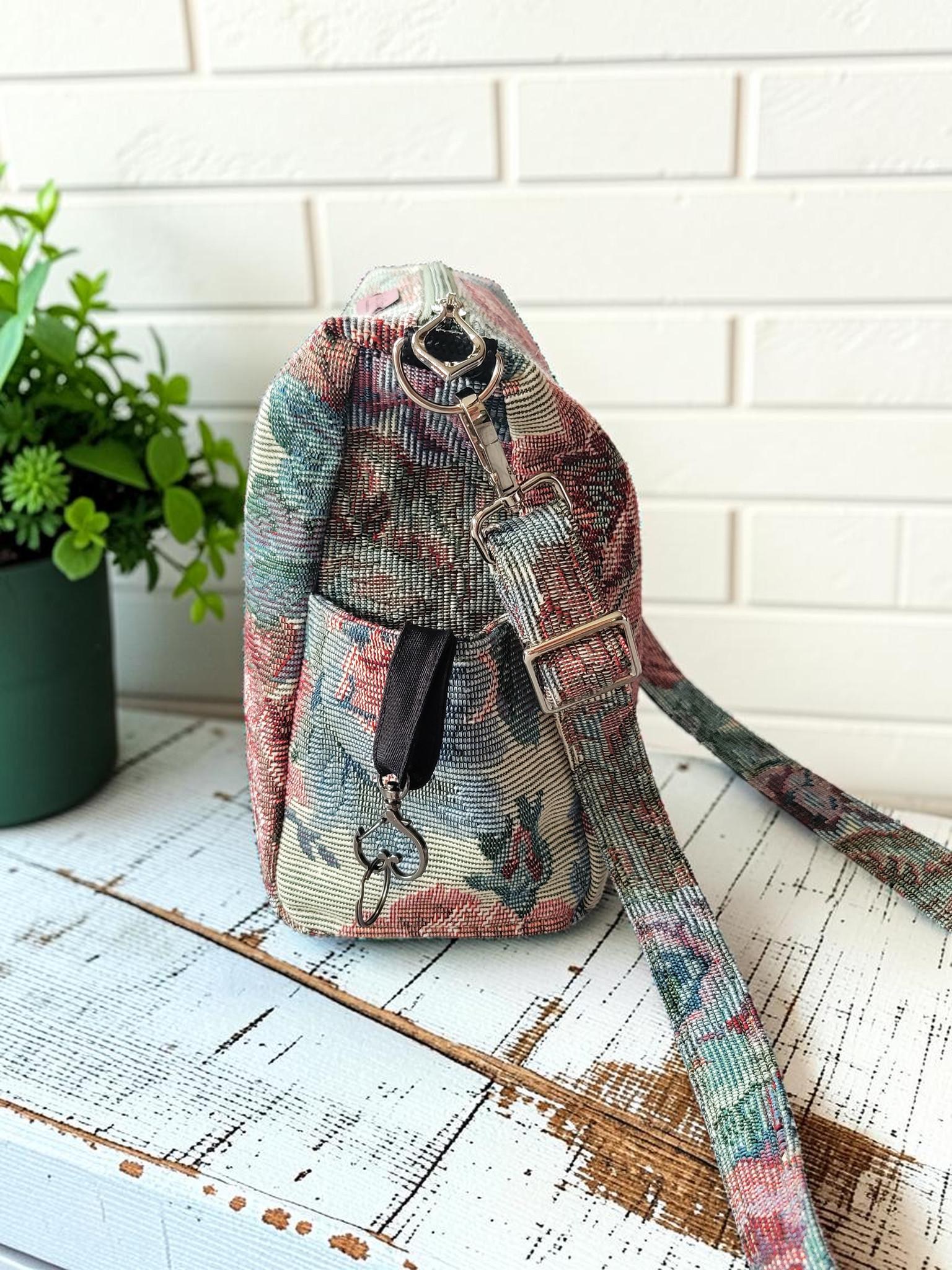 Vintage Floral Tapestry Handbag, Jacquard Crossbody Purse, Slouchy Double Pocket Shoulder Bag, view 12
