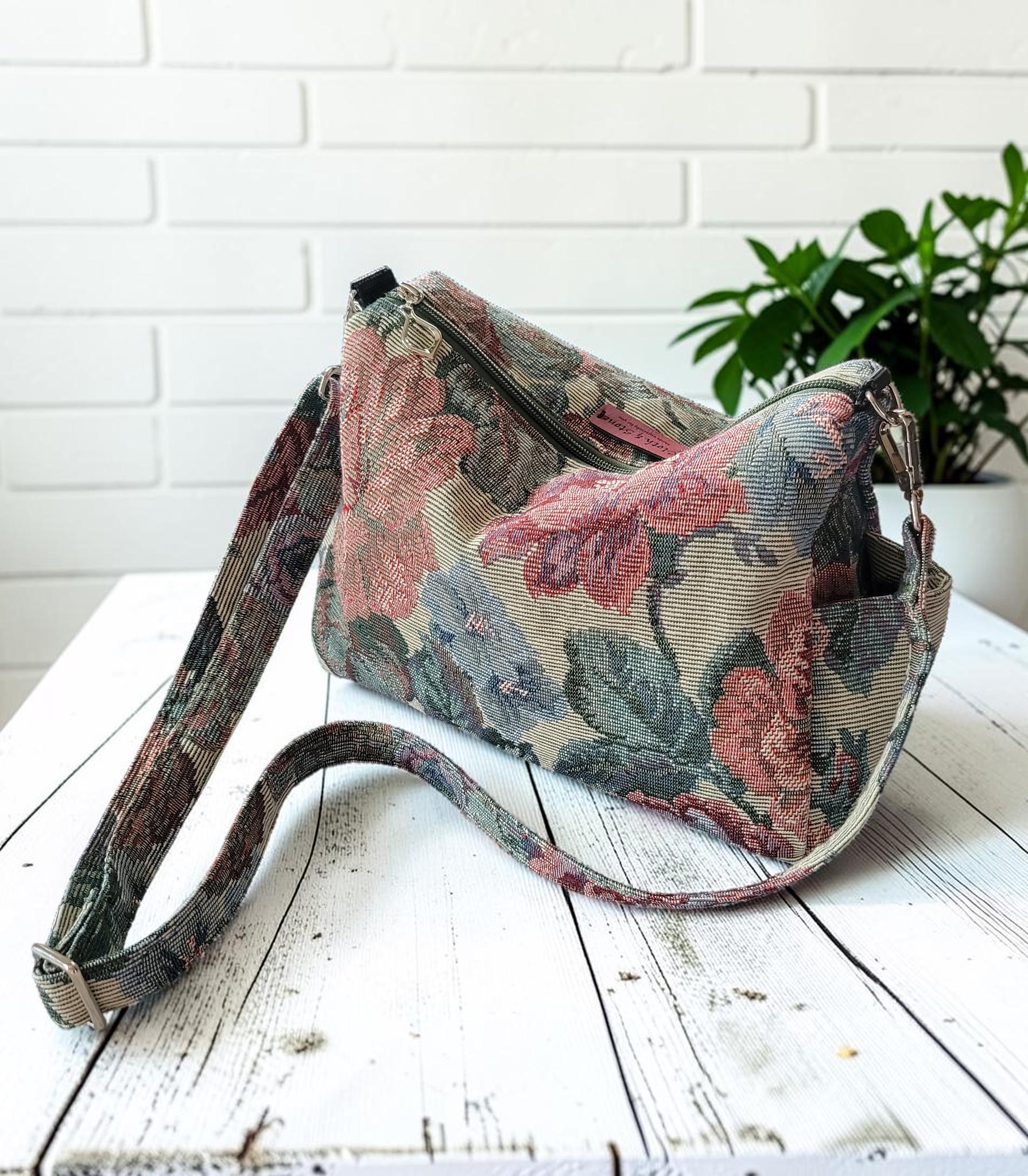 Vintage Floral Tapestry Handbag, Jacquard Crossbody Purse, Slouchy Double Pocket Shoulder Bag, view 13