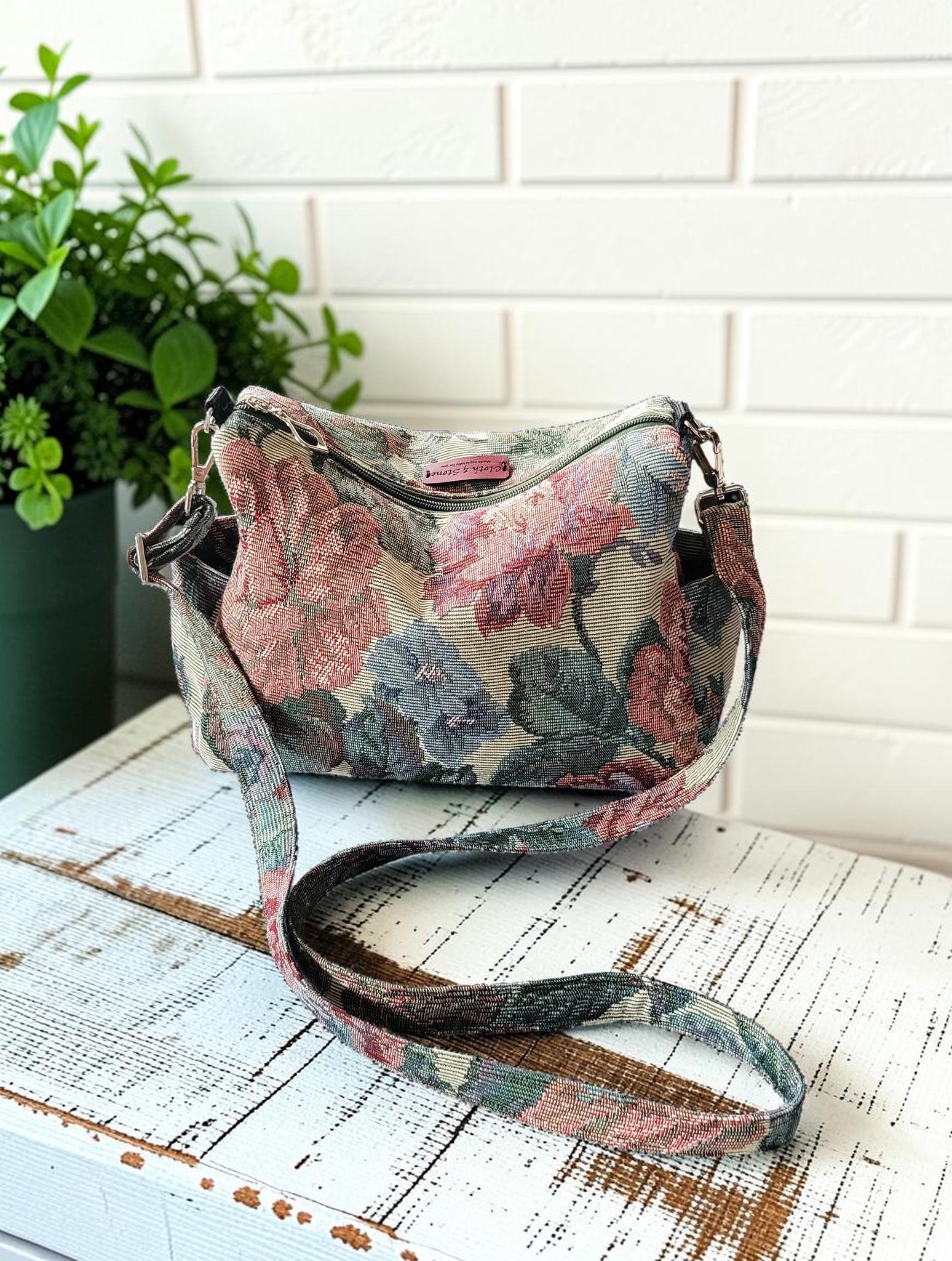 Vintage Floral Tapestry Handbag, Jacquard Crossbody Purse, Slouchy Double Pocket Shoulder Bag, view 16