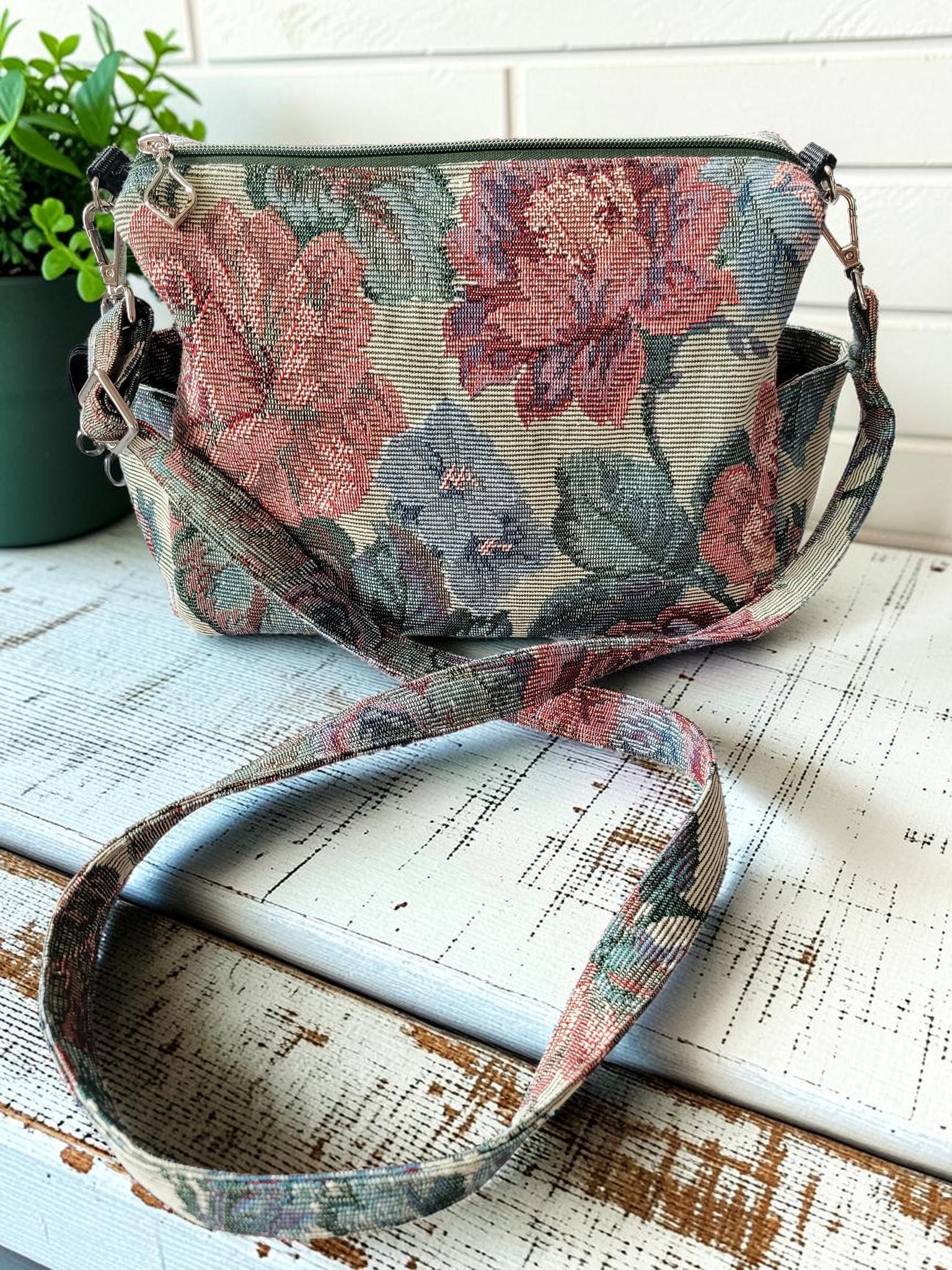Vintage Floral Tapestry Handbag, Jacquard Crossbody Purse, Slouchy Double Pocket Shoulder Bag, view 18