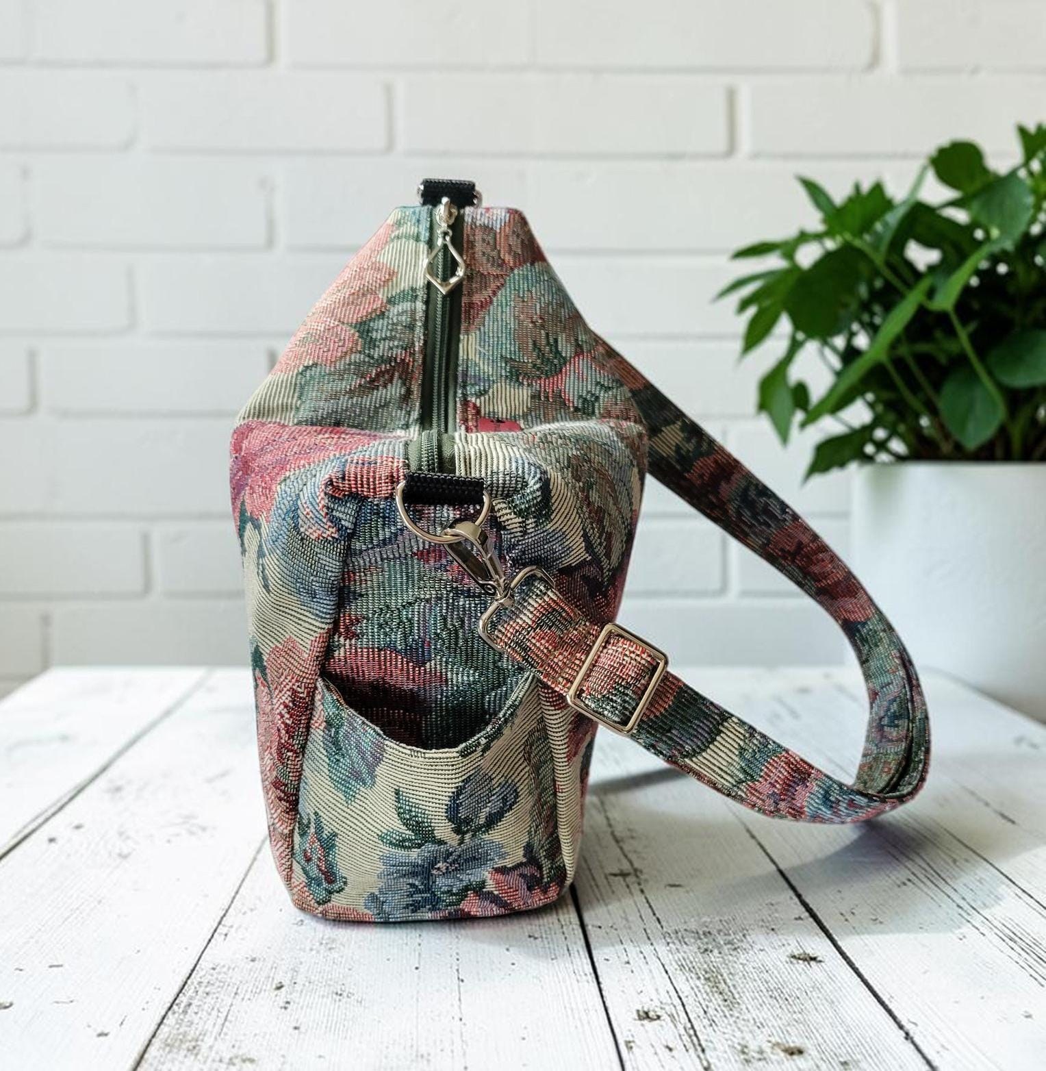 Vintage Floral Tapestry Handbag, Jacquard Crossbody Purse, Slouchy Double Pocket Shoulder Bag, view 4