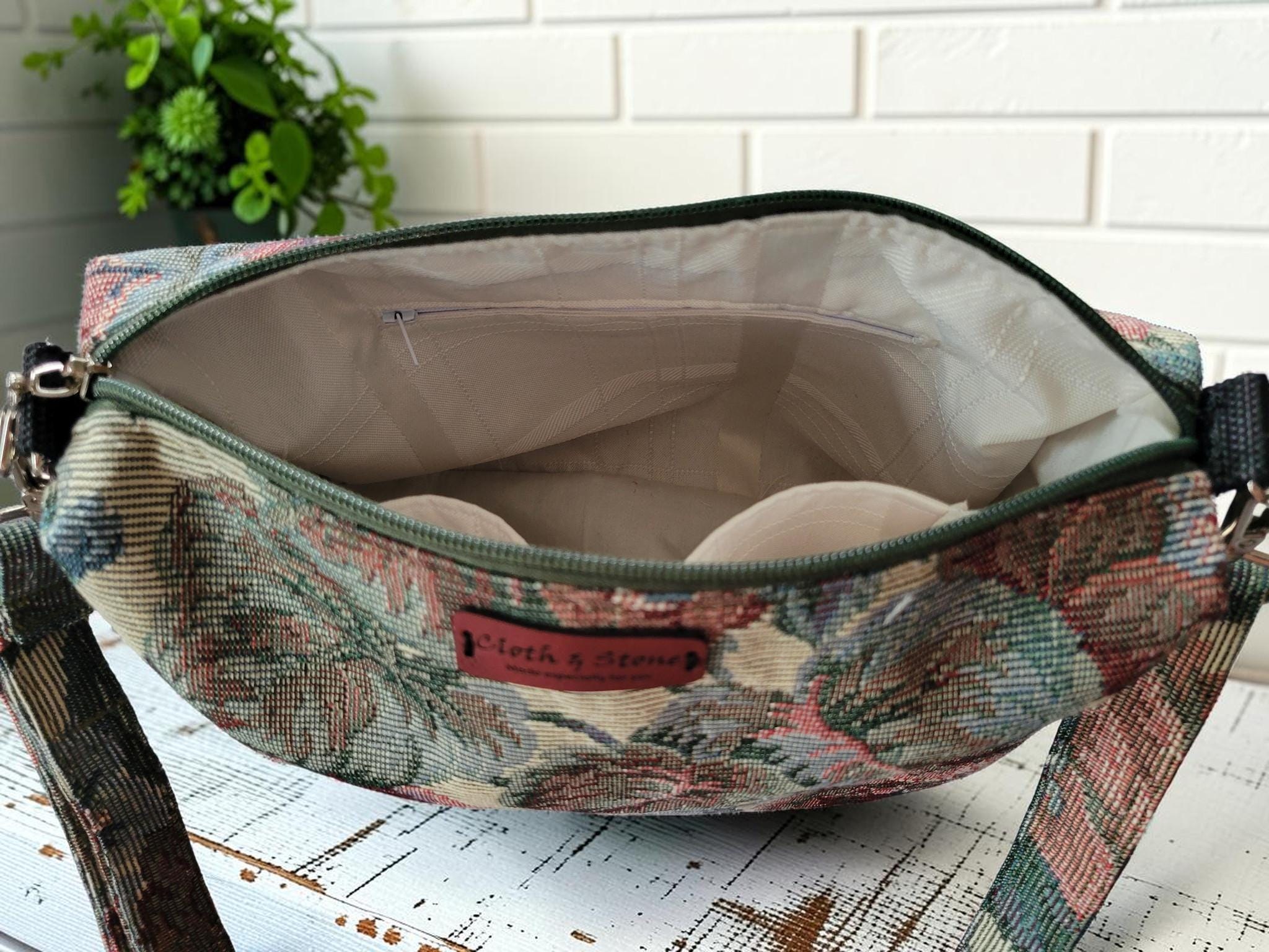 Vintage Floral Tapestry Handbag, Jacquard Crossbody Purse, Slouchy Double Pocket Shoulder Bag, view 5