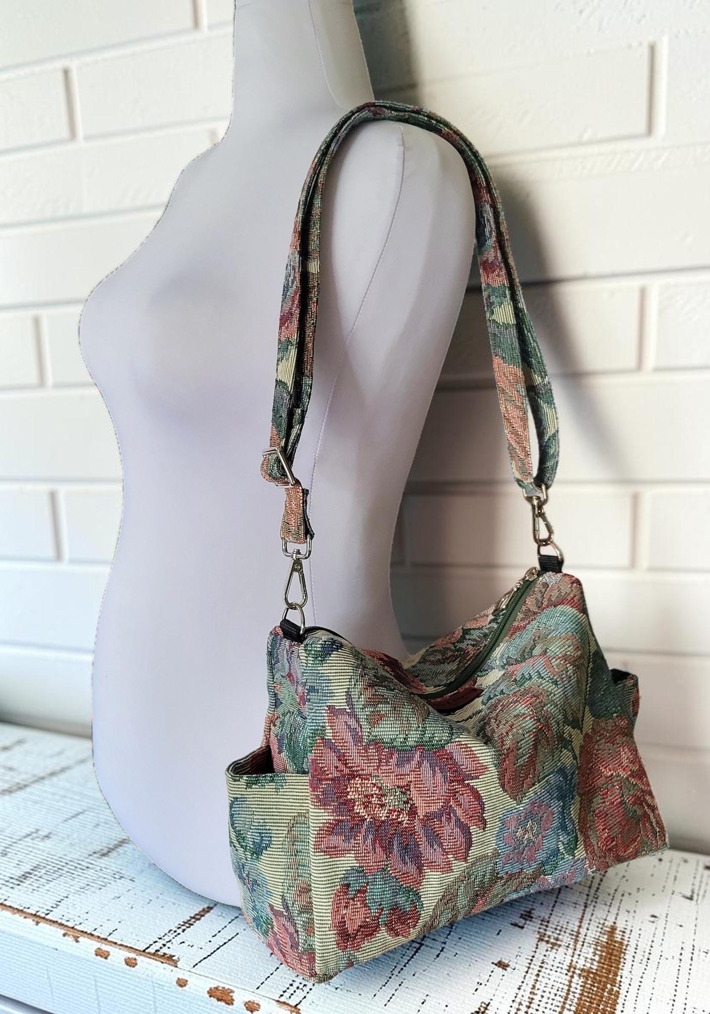 Vintage Floral Tapestry Handbag, Jacquard Crossbody Purse, Slouchy Double Pocket Shoulder Bag, view 6