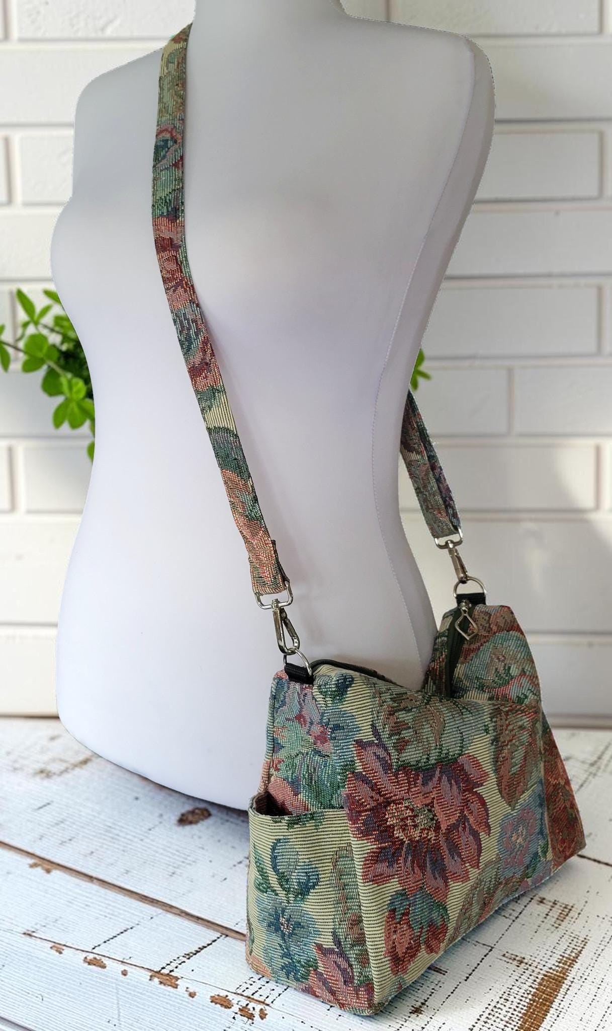 Vintage Floral Tapestry Handbag, Jacquard Crossbody Purse, Slouchy Double Pocket Shoulder Bag, view 7