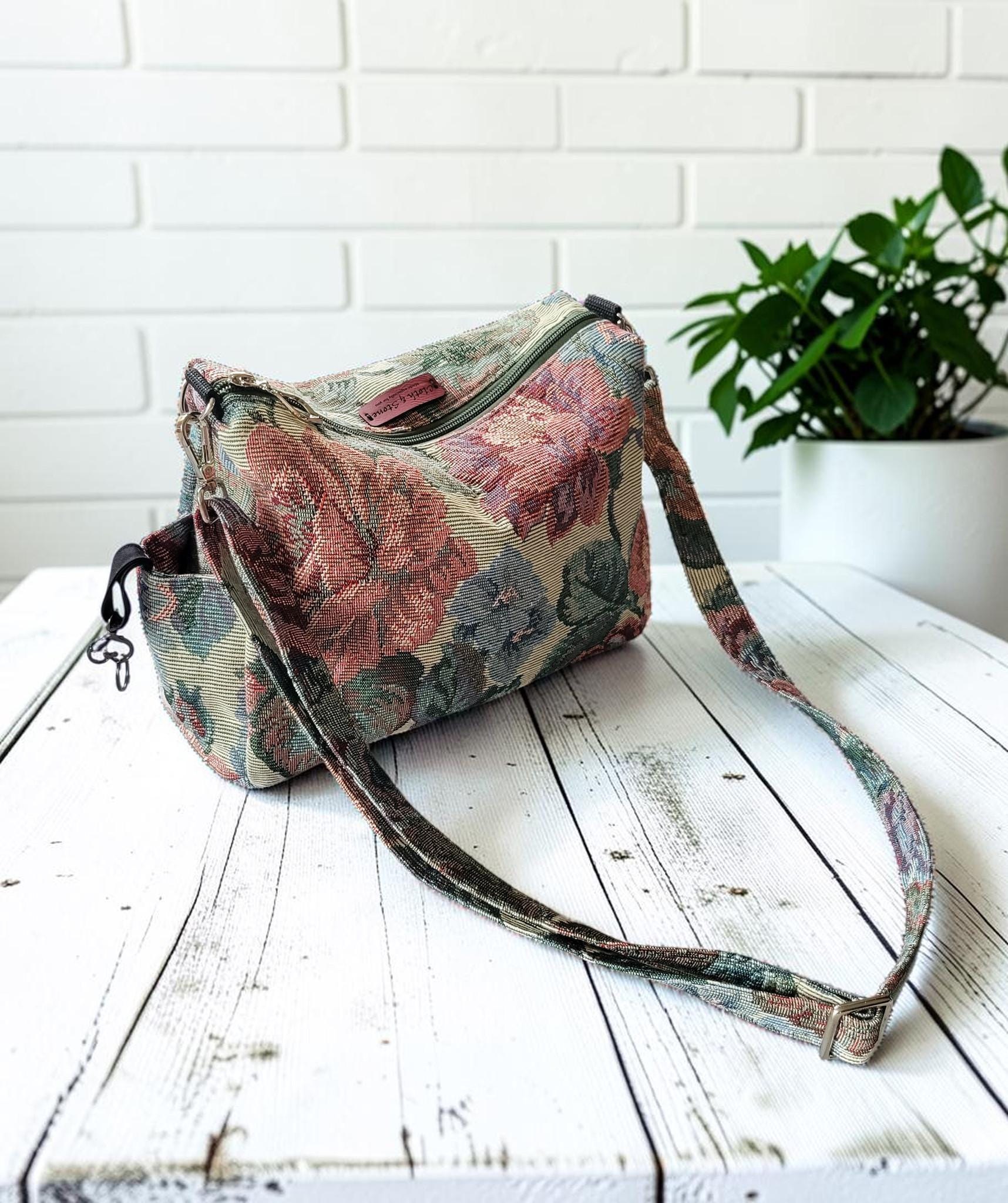 Vintage Floral Tapestry Handbag, Jacquard Crossbody Purse, Slouchy Double Pocket Shoulder Bag, view 8