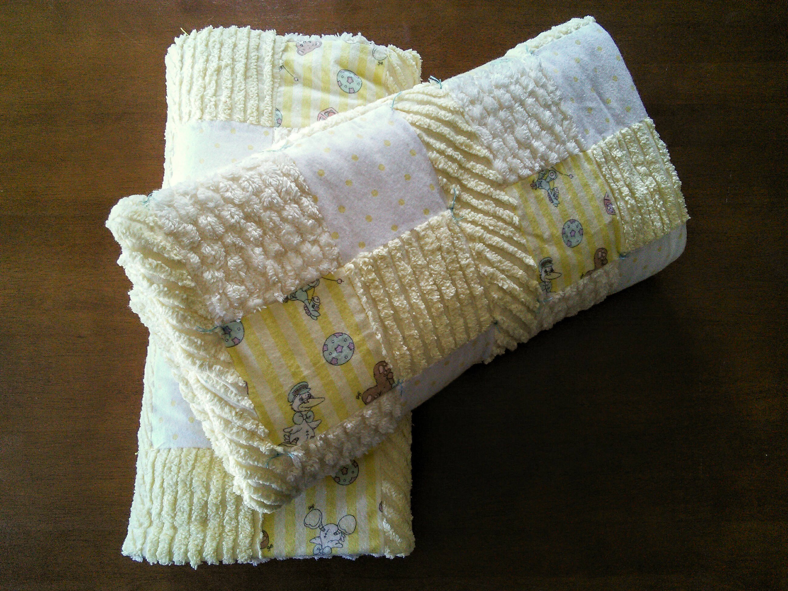 Yellow and White Chenille Baby Quilts, Twins, Two Blankets
