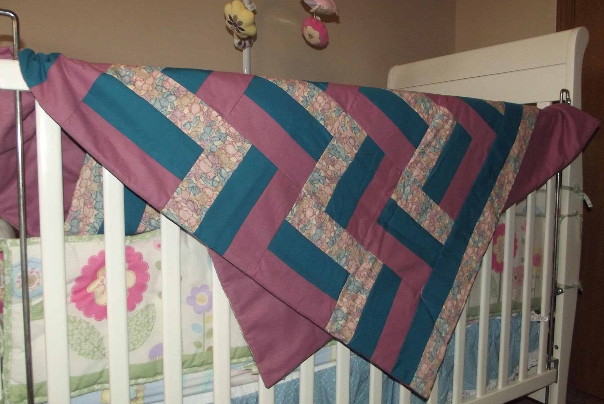 Pink and Turquoise Chevron Toddler Baby Quilt, Baby Blanket, view 6