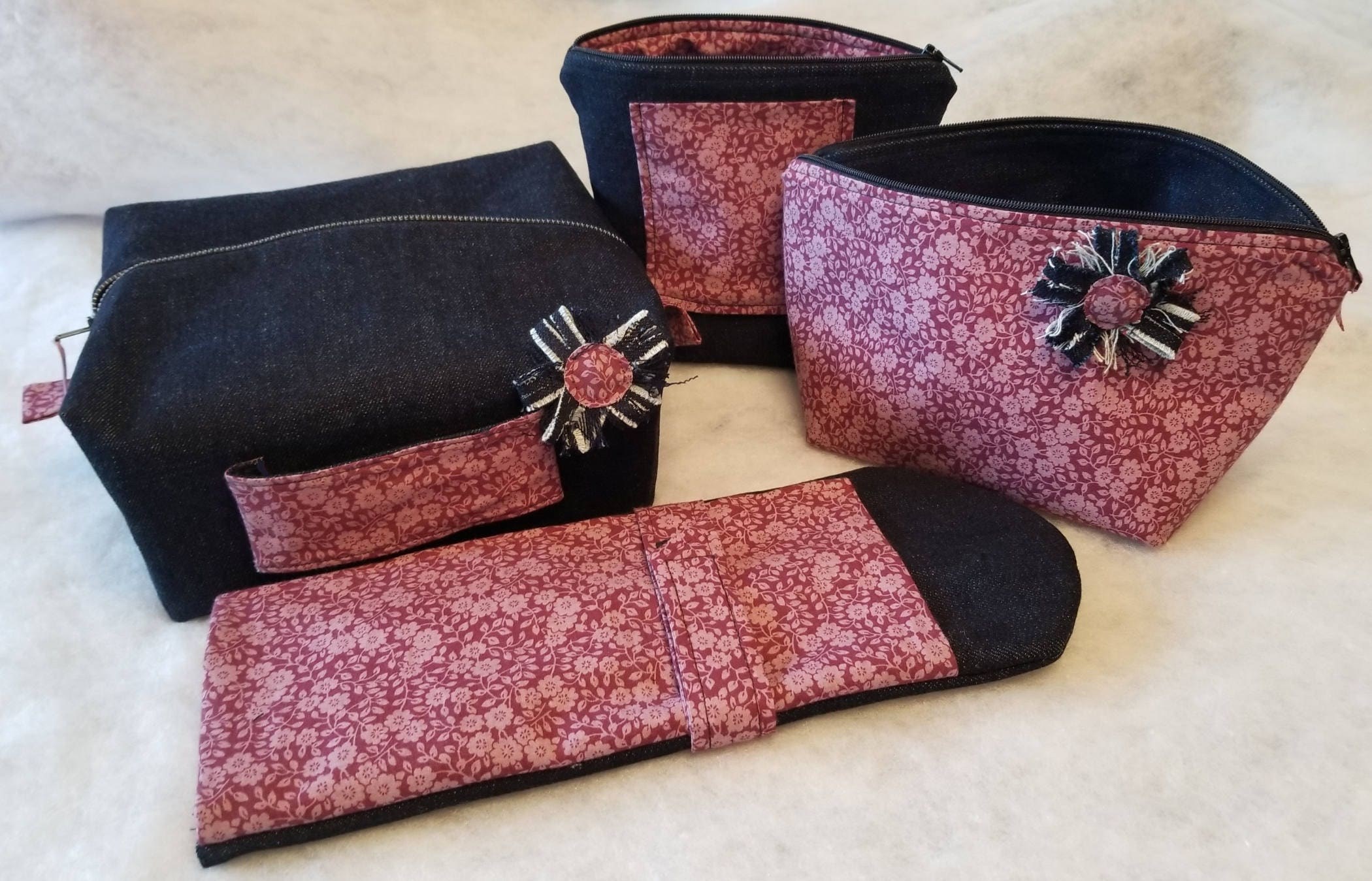 Dark Blue Denim and Country Floral Cosmetic and Curling Iron Set