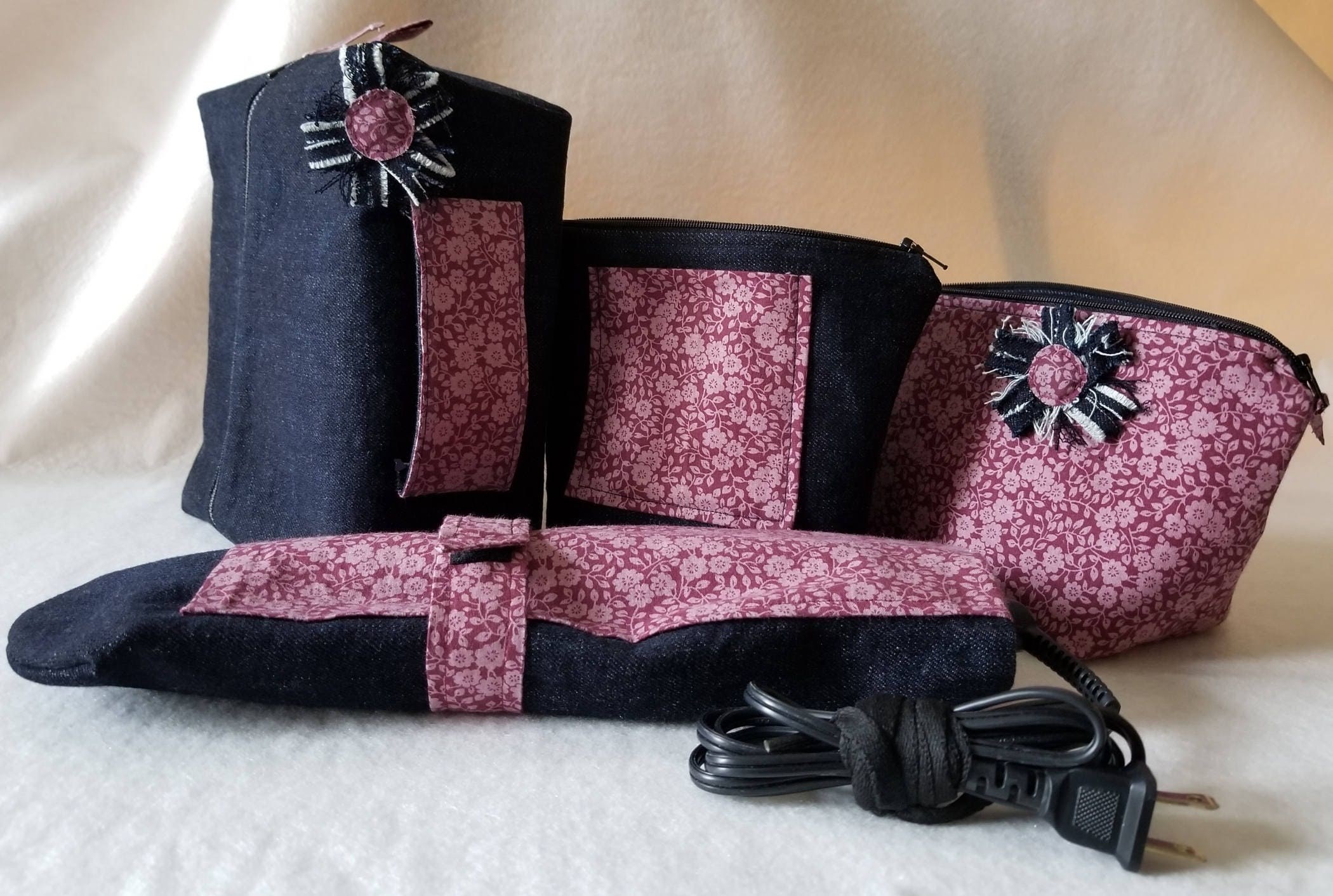 Dark Blue Denim and Country Floral Cosmetic and Curling Iron Set, view 10