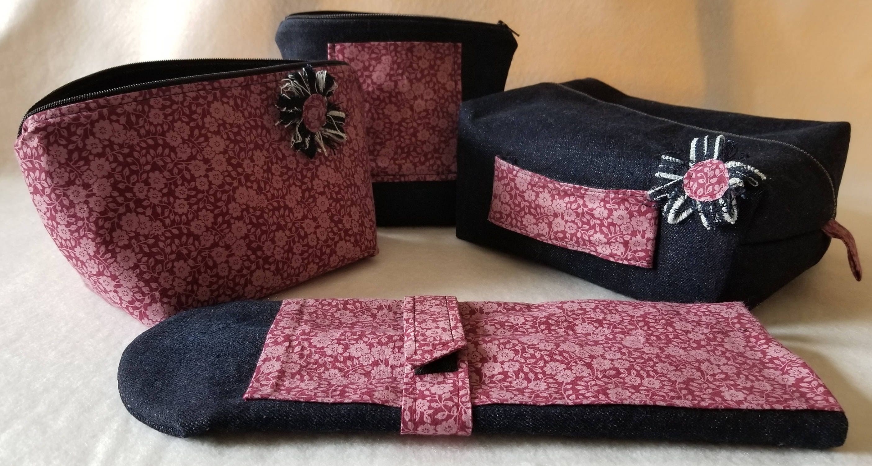 Dark Blue Denim and Country Floral Cosmetic and Curling Iron Set, view 2