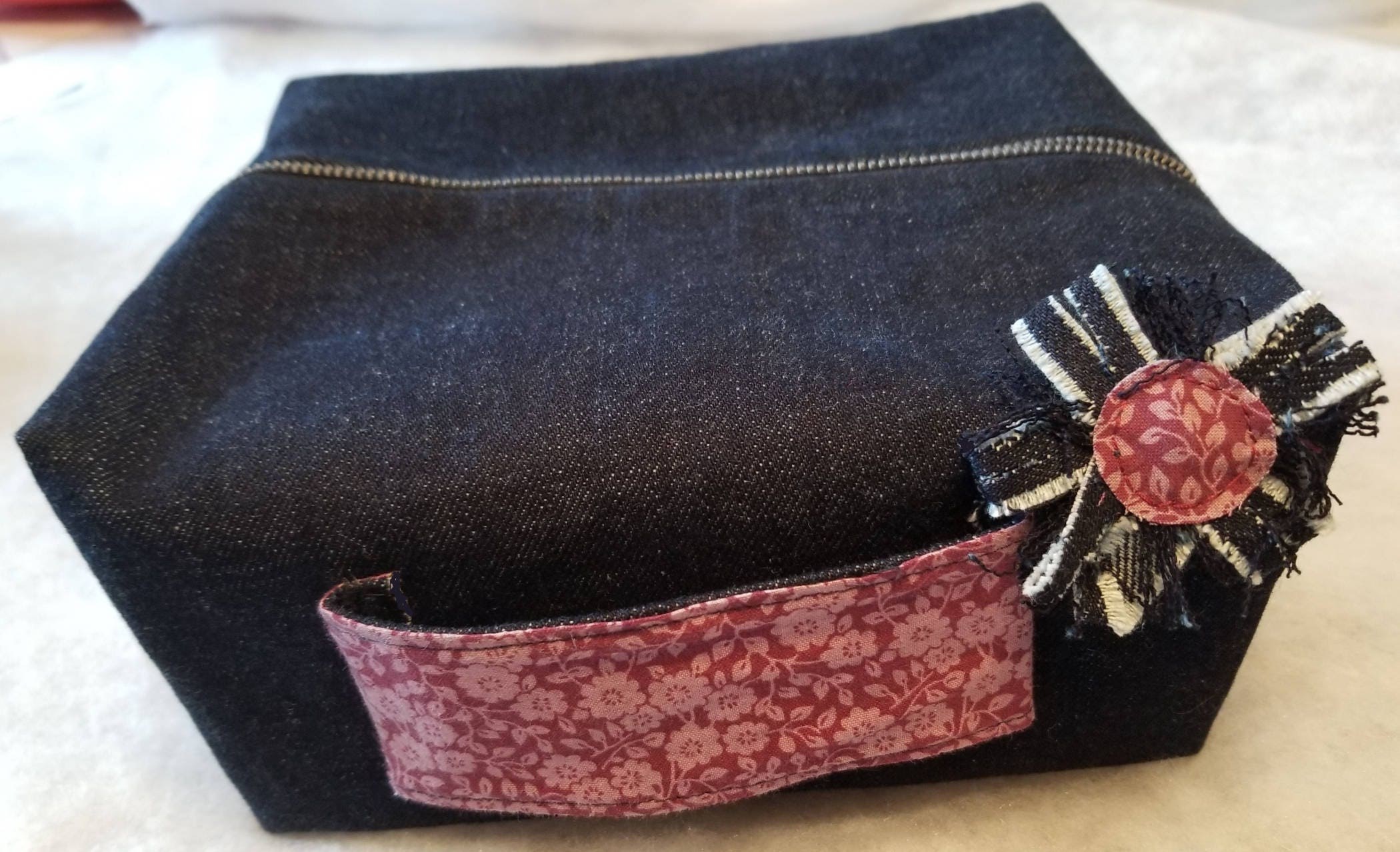 Dark Blue Denim and Country Floral Cosmetic and Curling Iron Set, view 6