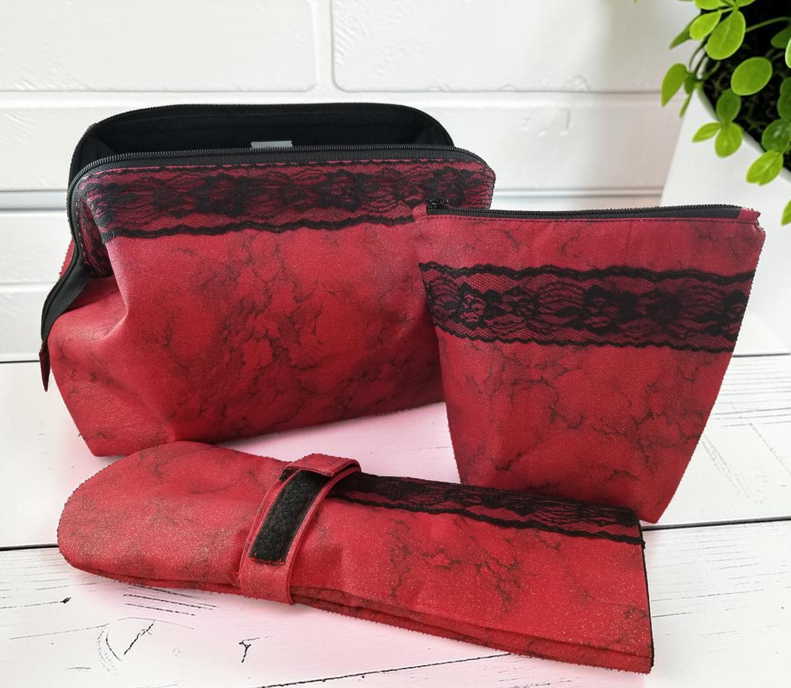 Red Lace Doctor Bag Travel Kit, Cosmetic Pouch, Curling Iron Case
