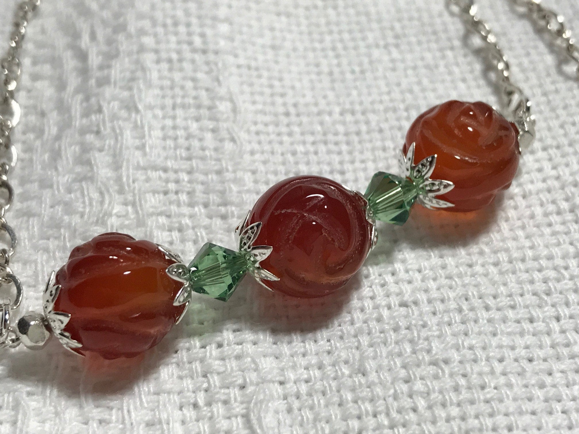 Engraved Carnelian Rosebud Necklace With Crystal Accents