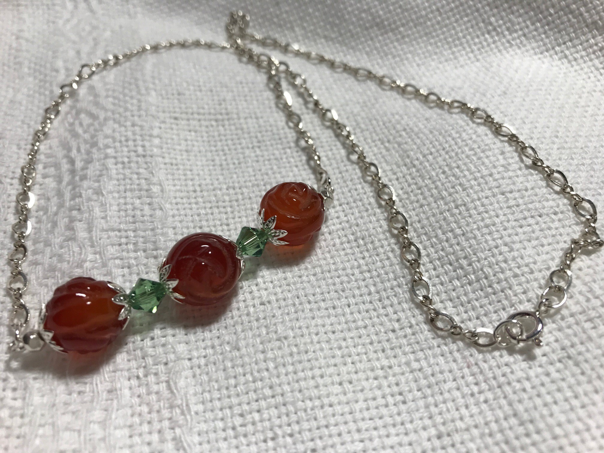 Engraved Carnelian Rosebud Necklace With Crystal Accents, view 3